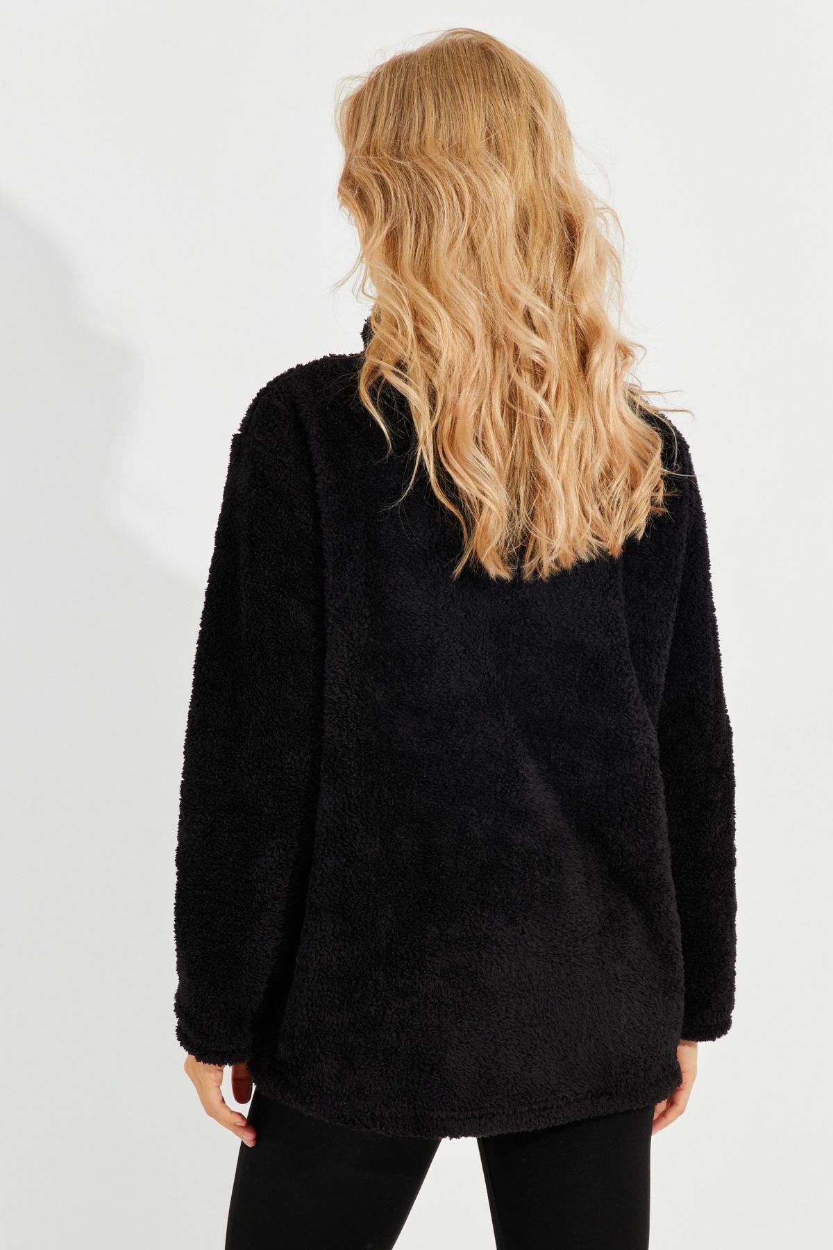Kadın Gri Kanguru Cep Peluş Sweatshirt Q978