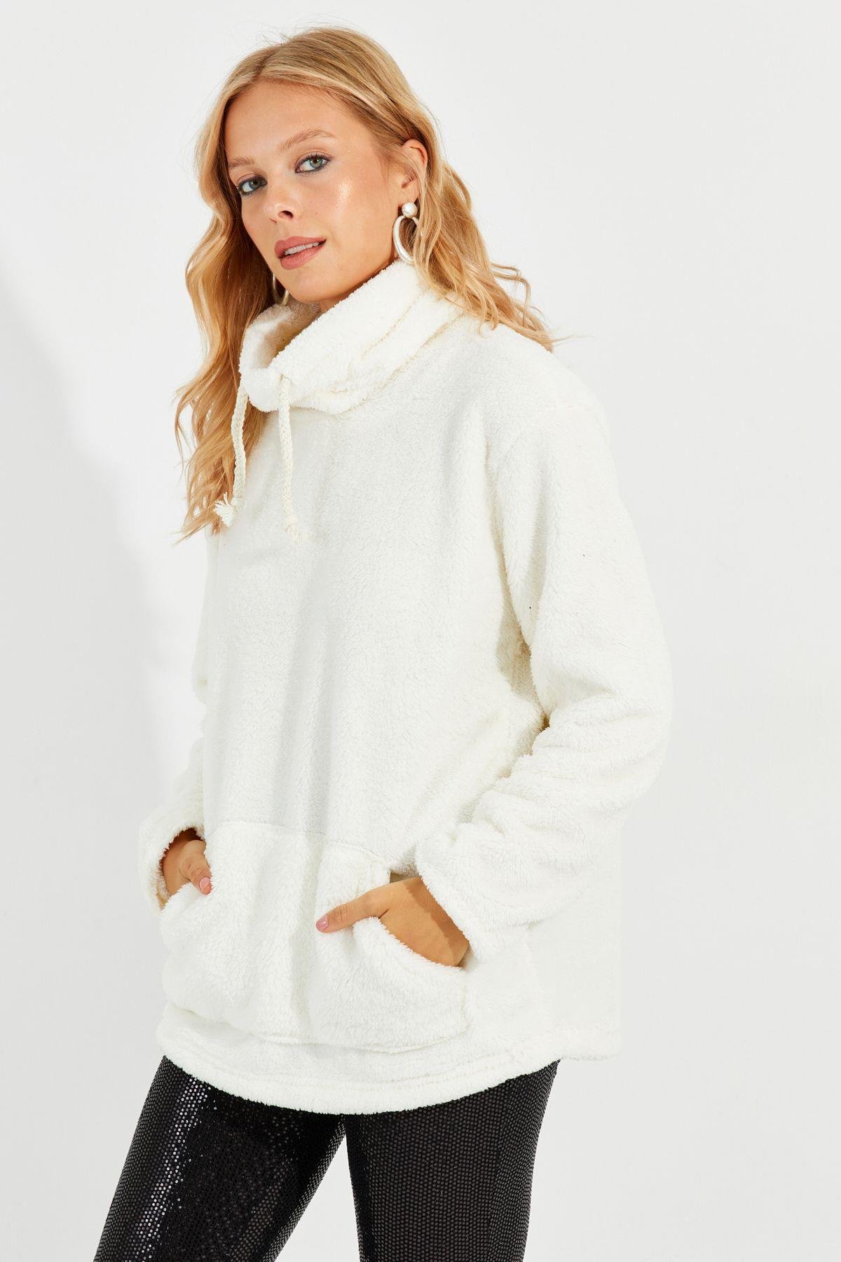 Kadın Gri Kanguru Cep Peluş Sweatshirt Q978