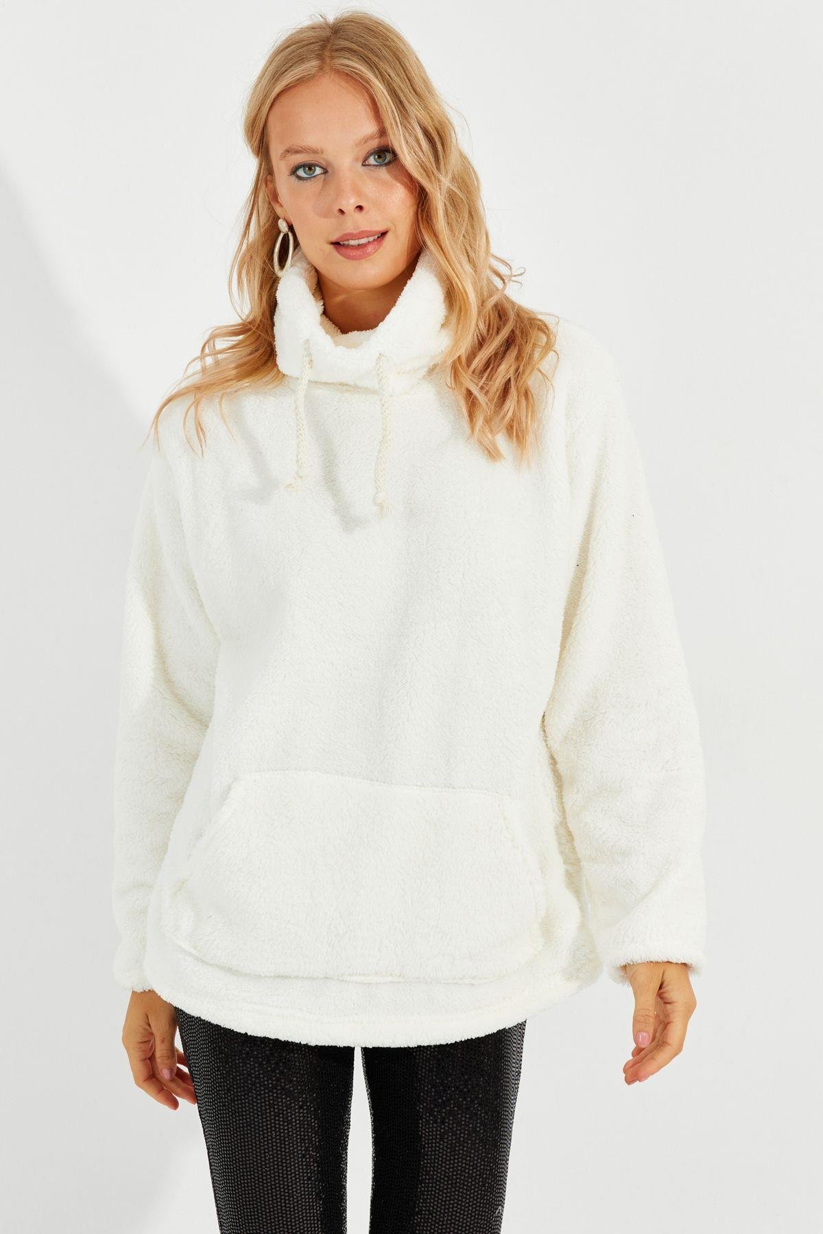 Kadın Gri Kanguru Cep Peluş Sweatshirt Q978
