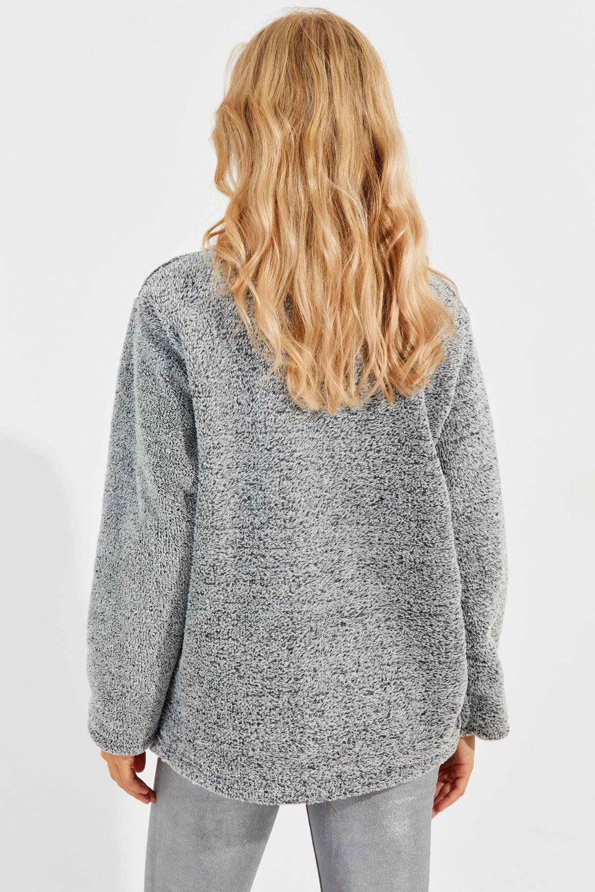Kadın Gri Kanguru Cep Peluş Sweatshirt Q978