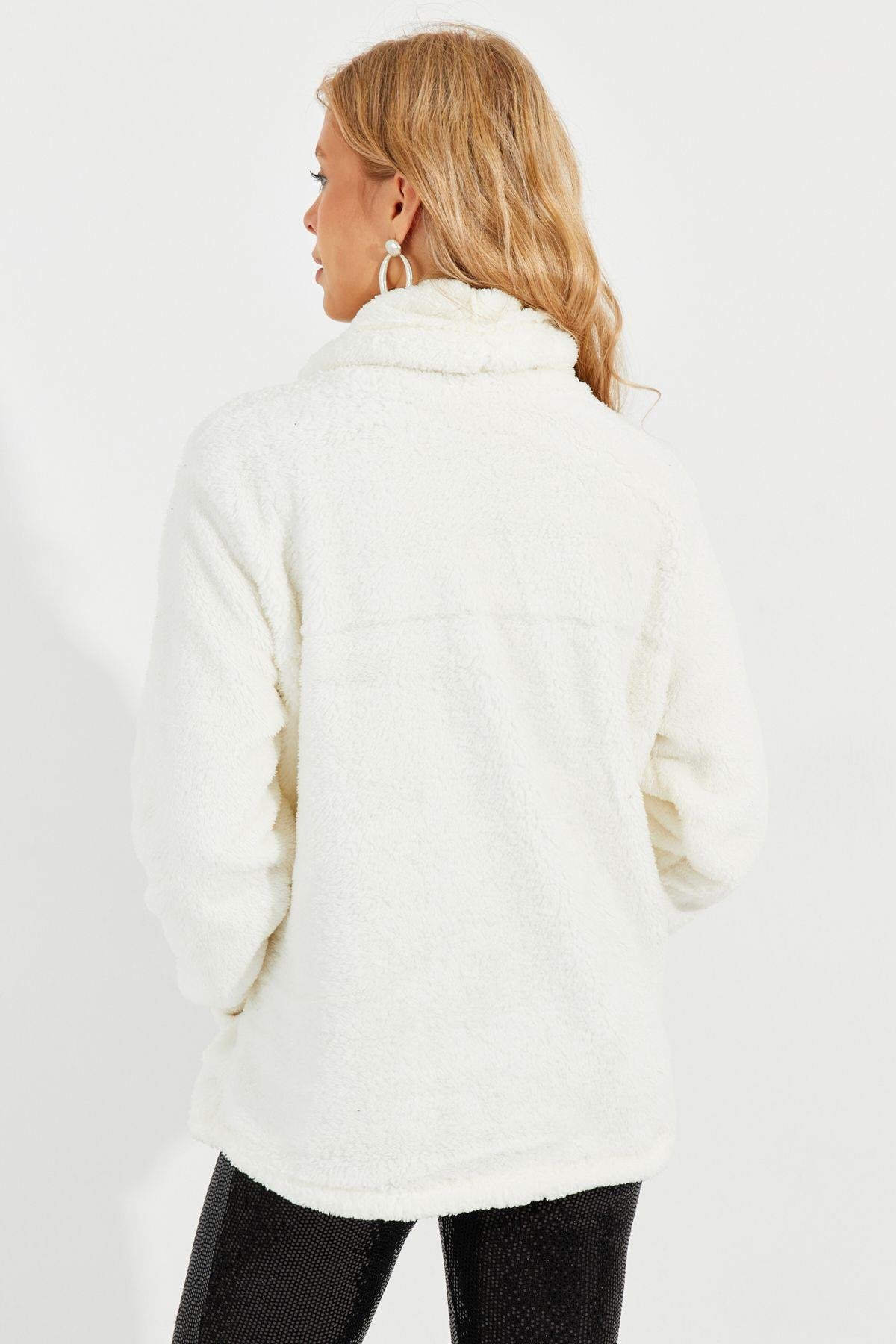 Kadın Gri Kanguru Cep Peluş Sweatshirt Q978