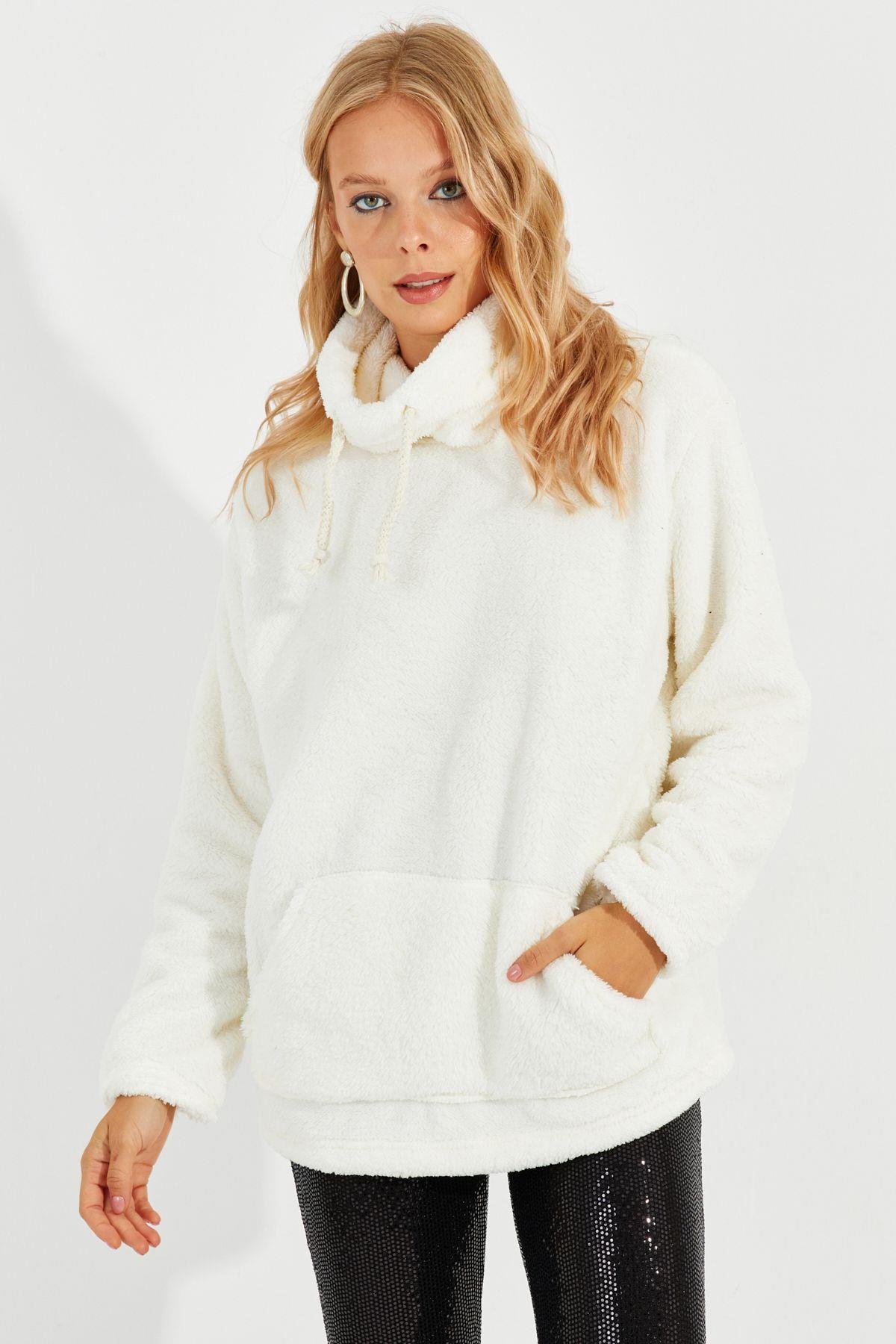 Kadın Gri Kanguru Cep Peluş Sweatshirt Q978