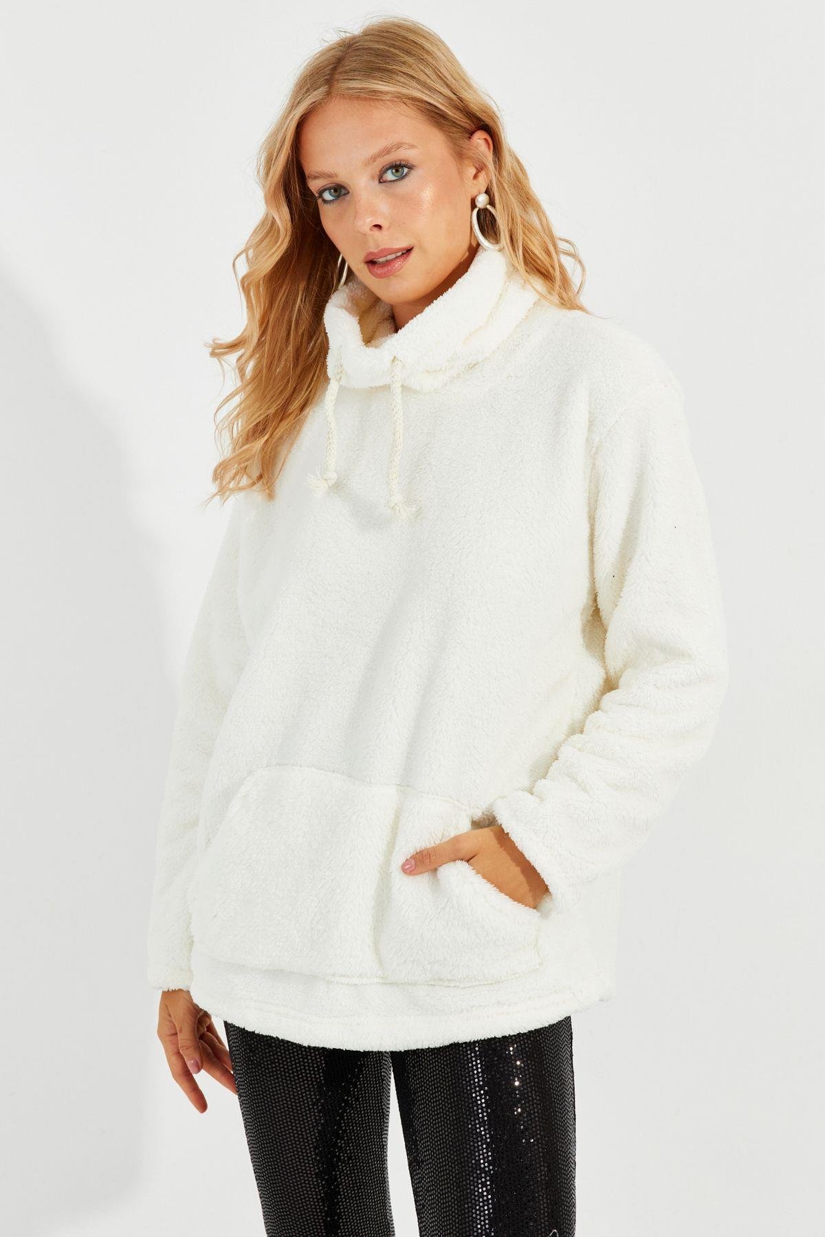 Kadın Gri Kanguru Cep Peluş Sweatshirt Q978