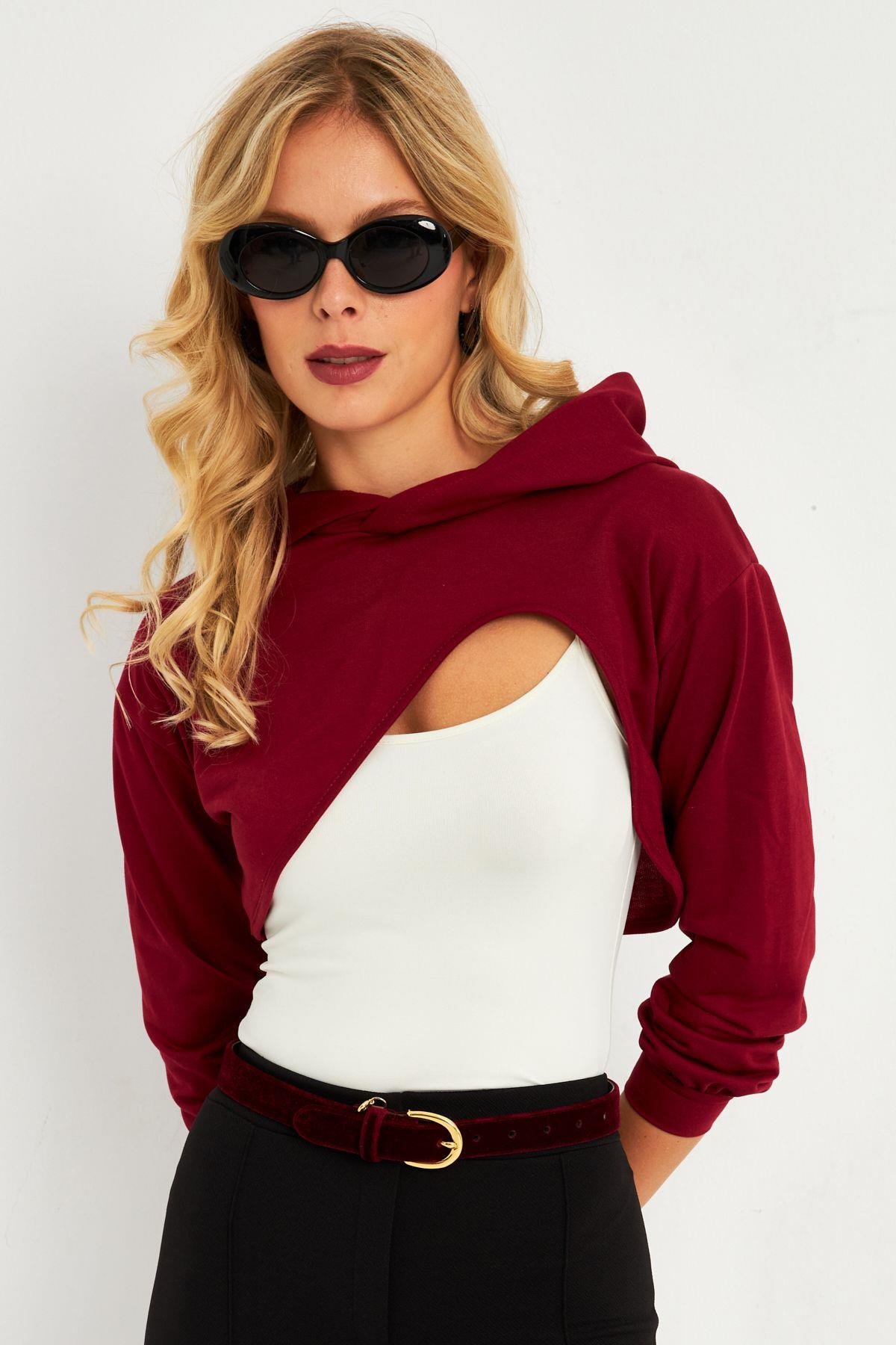 Kadın Gri Kapüşonlu Crop Sweatshirt  TF03
