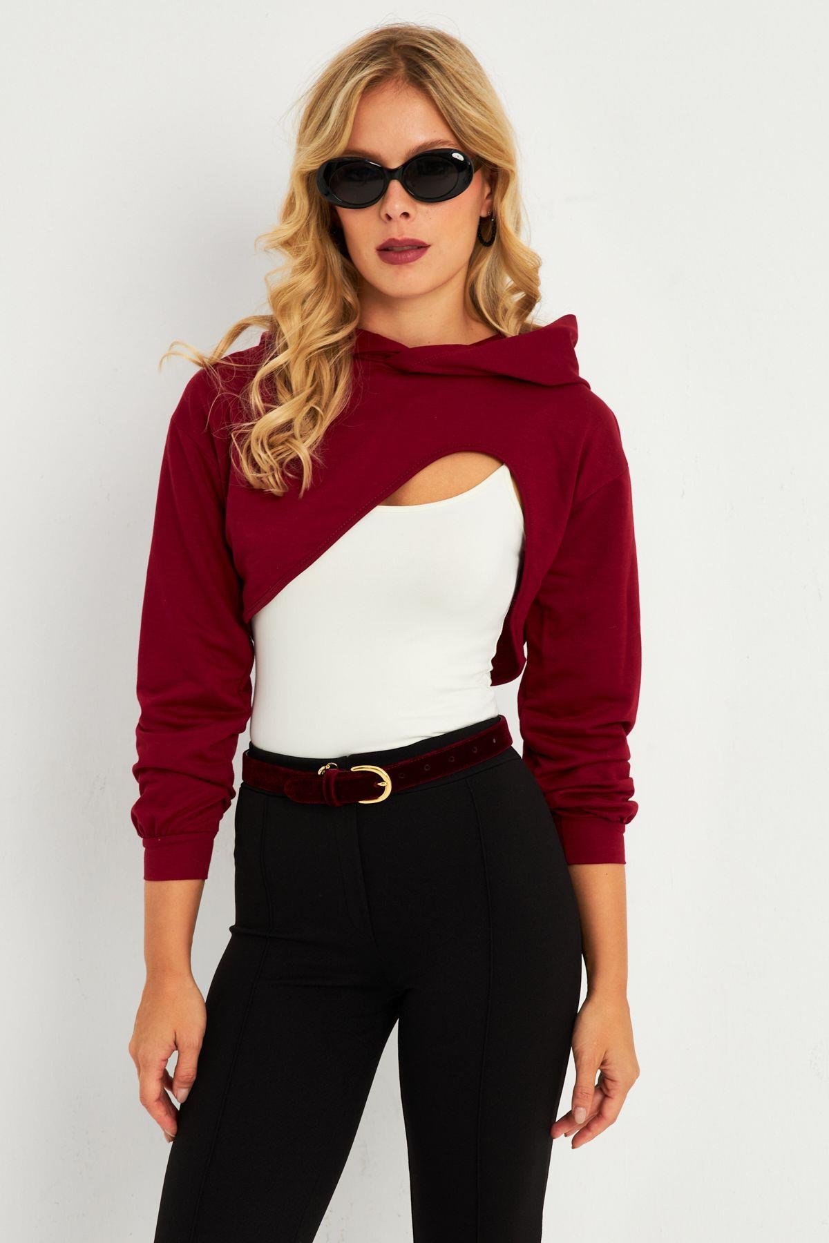 Kadın Gri Kapüşonlu Crop Sweatshirt  TF03