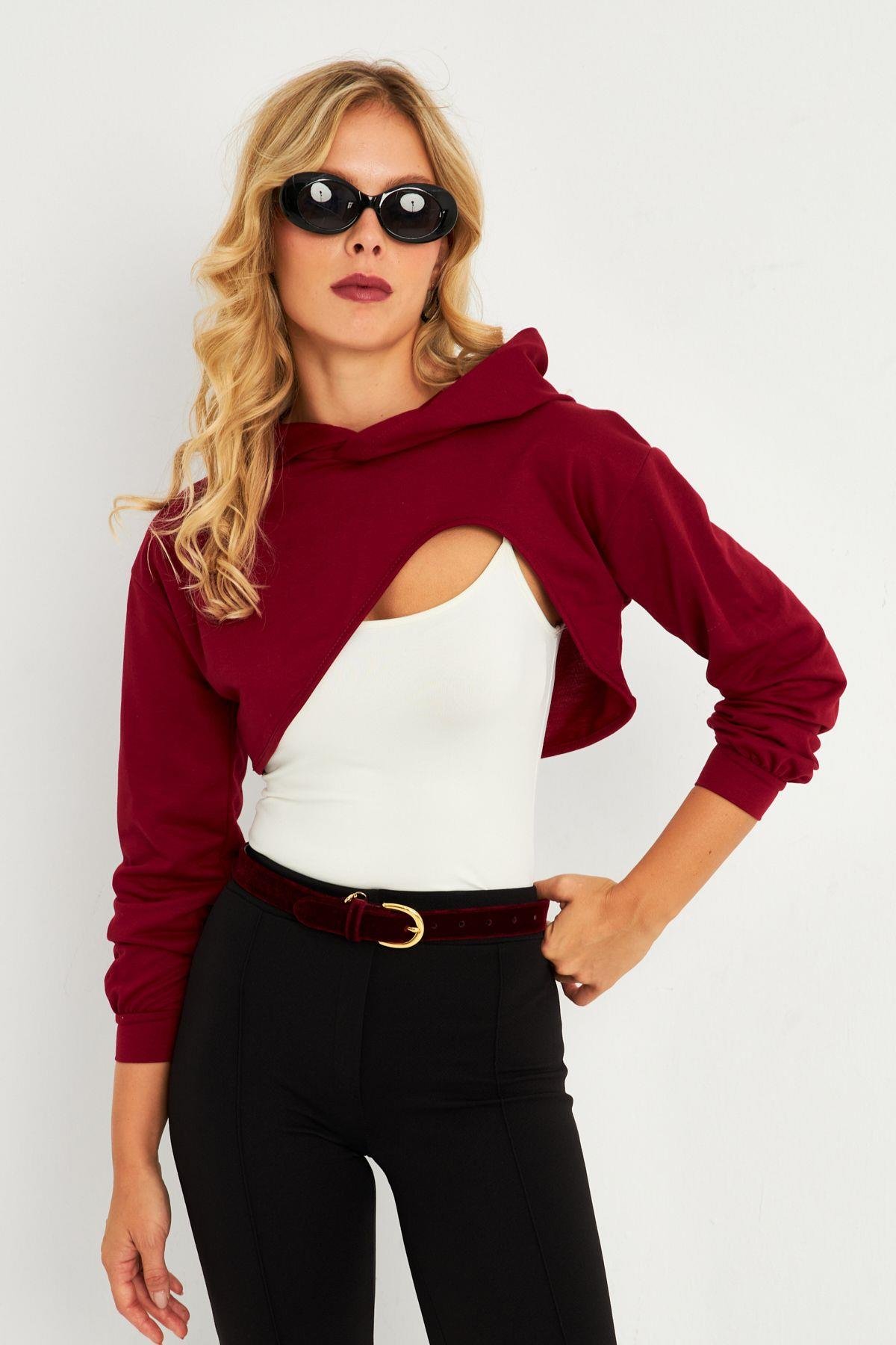 Kadın Gri Kapüşonlu Crop Sweatshirt  TF03