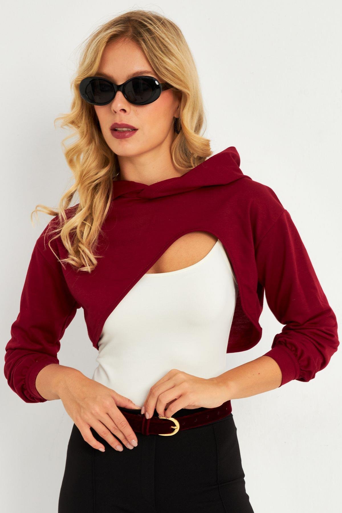 Kadın Gri Kapüşonlu Crop Sweatshirt  TF03