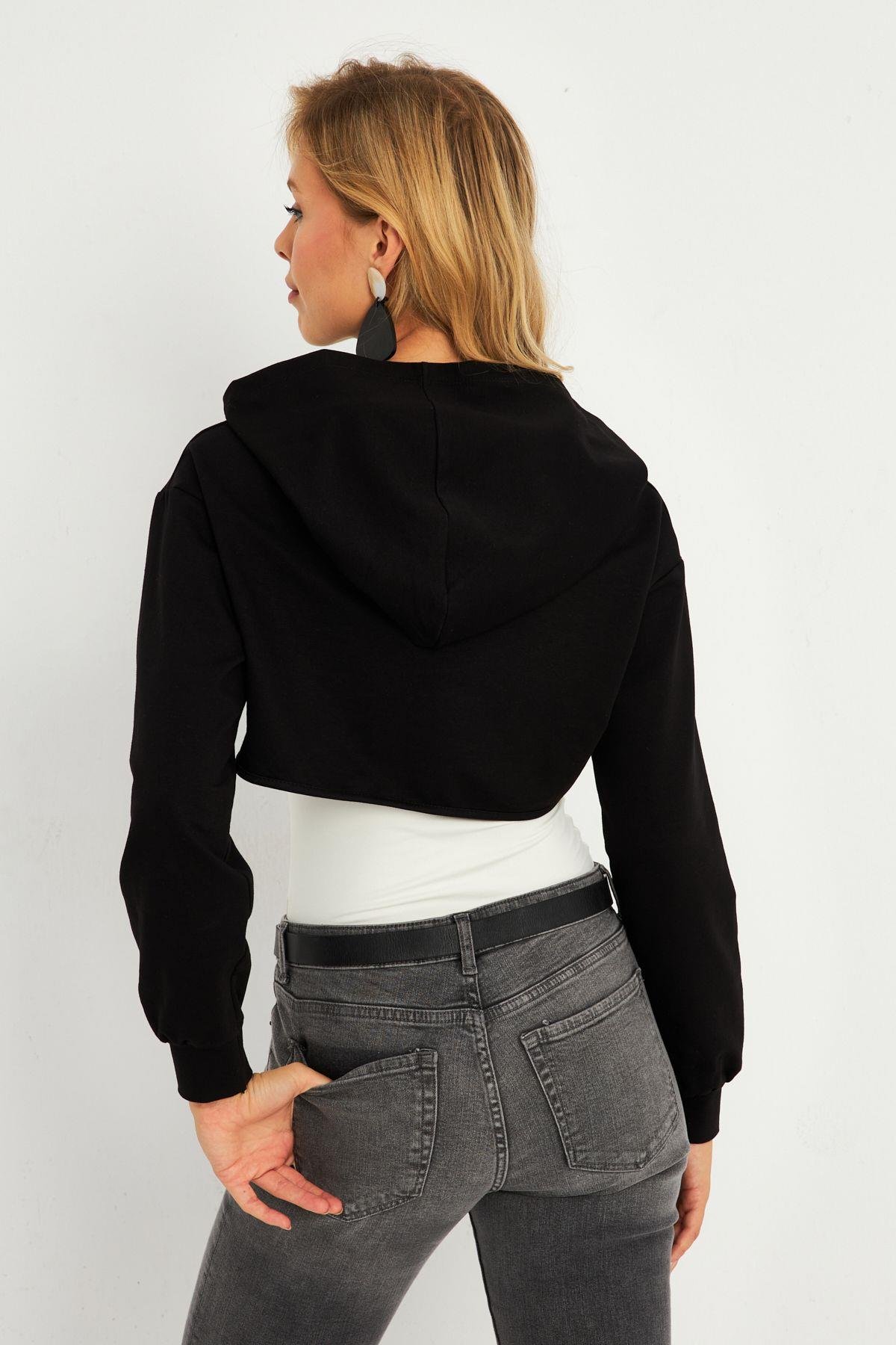 Kadın Gri Kapüşonlu Crop Sweatshirt  TF03