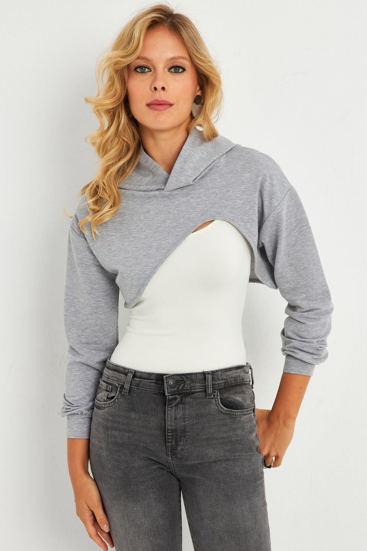 Kadın Gri Kapüşonlu Crop Sweatshirt  TF03