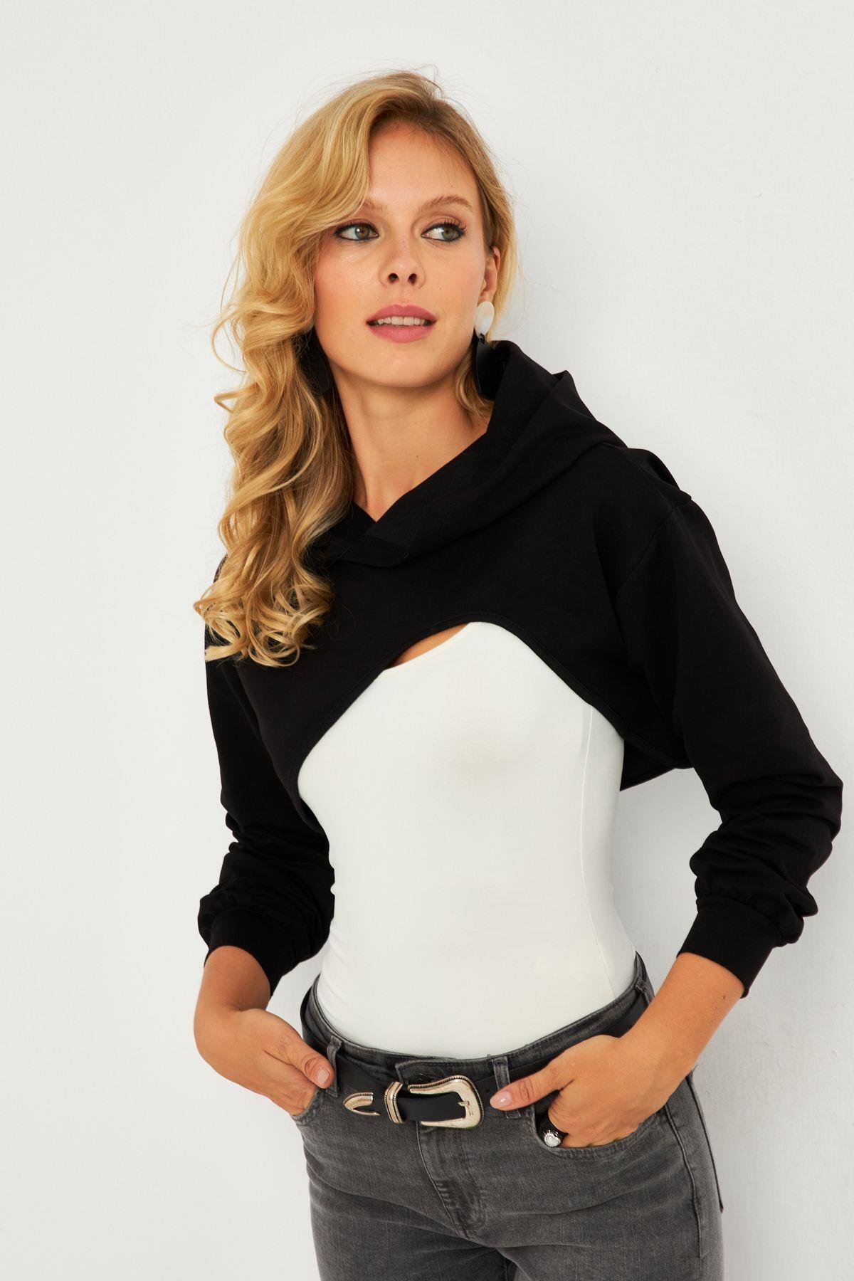 Kadın Gri Kapüşonlu Crop Sweatshirt  TF03