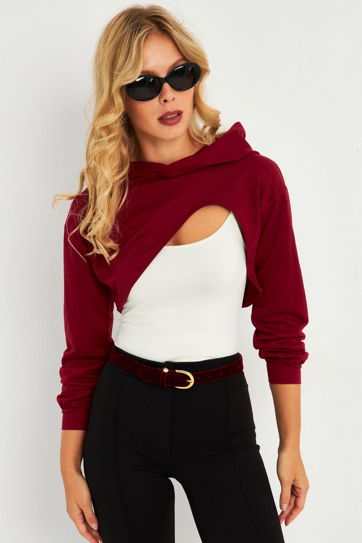 Kadın Gri Kapüşonlu Crop Sweatshirt  TF03
