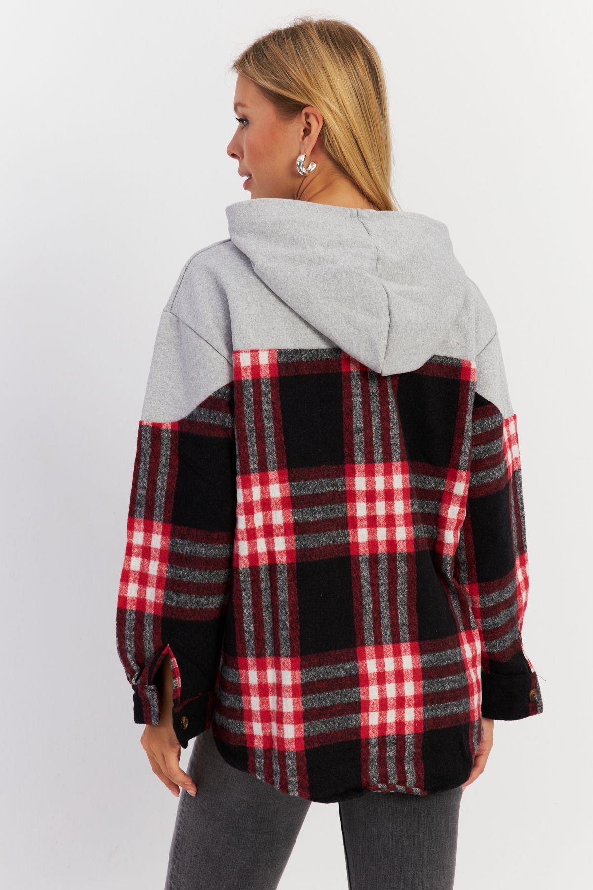 Kadın Gri Kontrast Düğmeli Sweatshirt YLE004