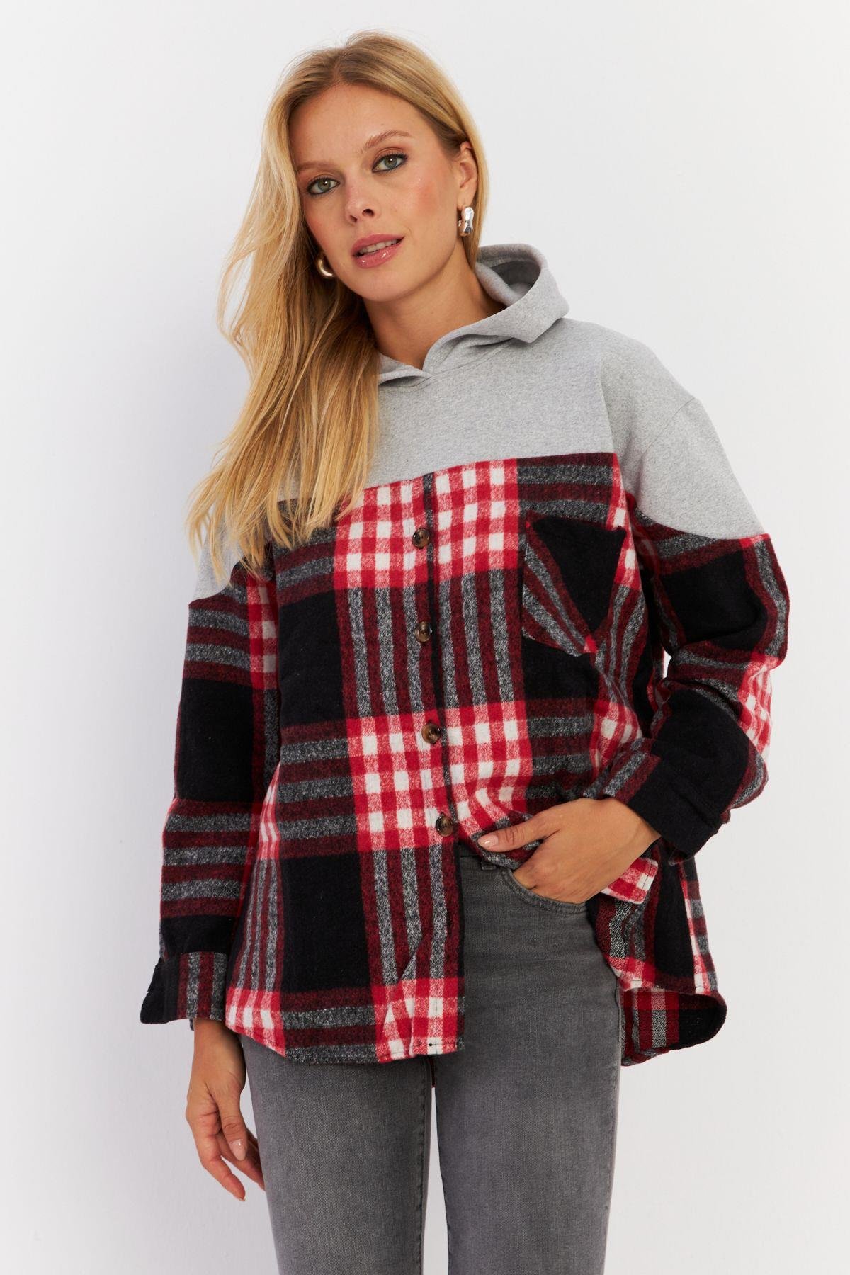 Kadın Gri Kontrast Düğmeli Sweatshirt YLE004