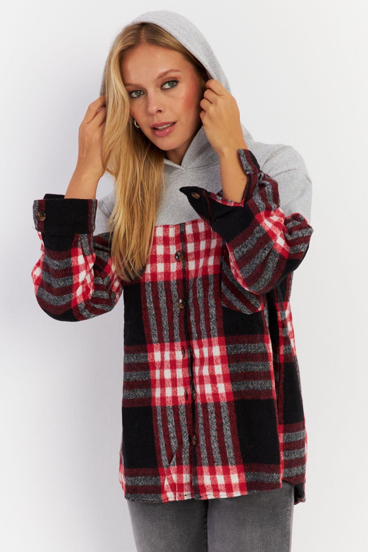 Kadın Gri Kontrast Düğmeli Sweatshirt YLE004
