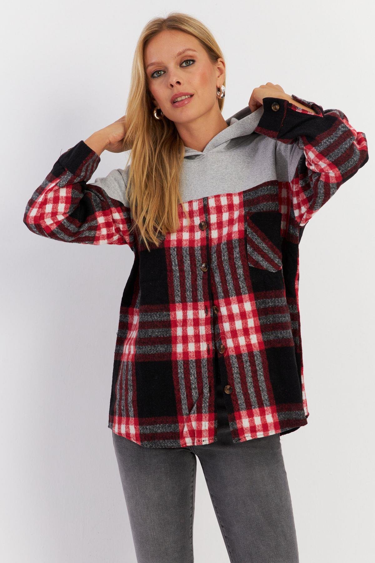 Kadın Gri Kontrast Düğmeli Sweatshirt YLE004