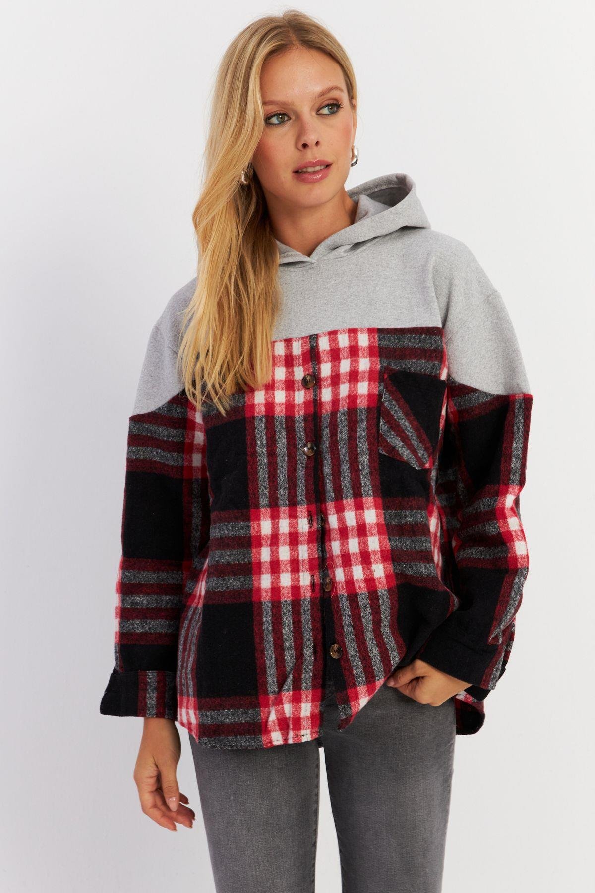 Kadın Gri Kontrast Düğmeli Sweatshirt YLE004