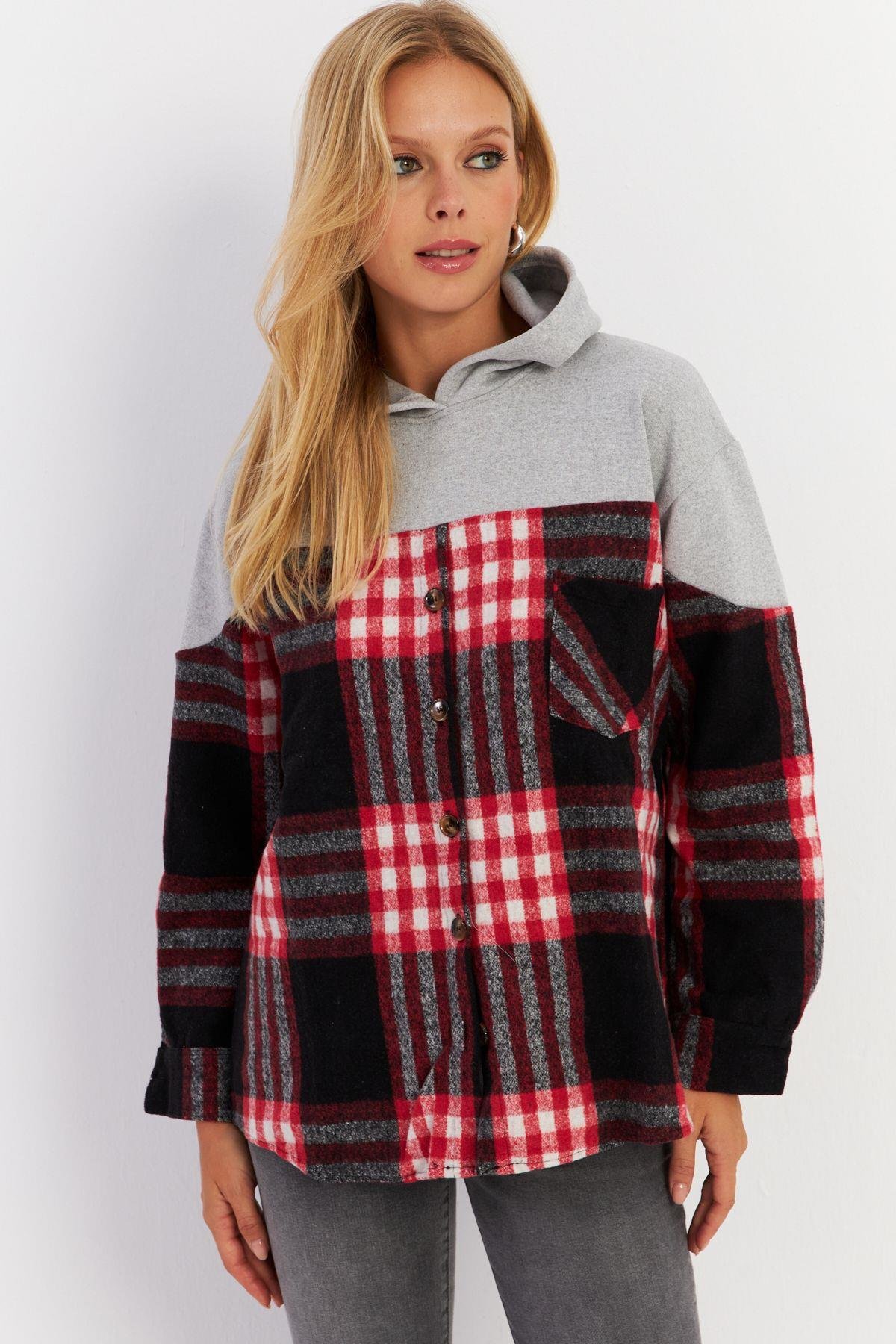 Kadın Gri Kontrast Düğmeli Sweatshirt YLE004