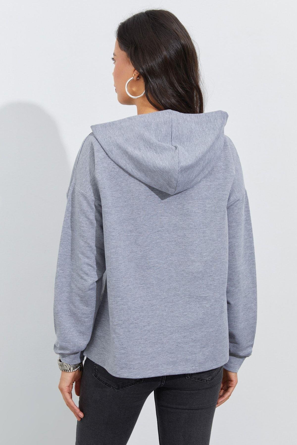 Kadın Gri Önü Pencereli Kapüşonlu Sweatshirt Yİ2486