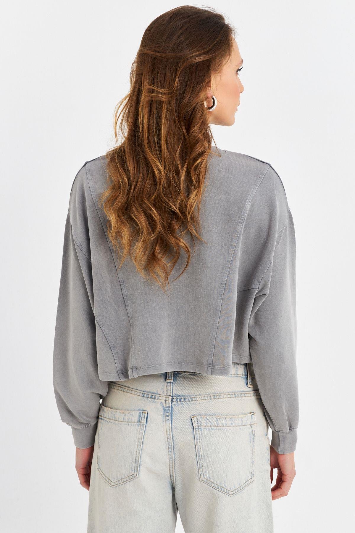 Kadın Gri Salaş Crop Sweatshirt ZH08