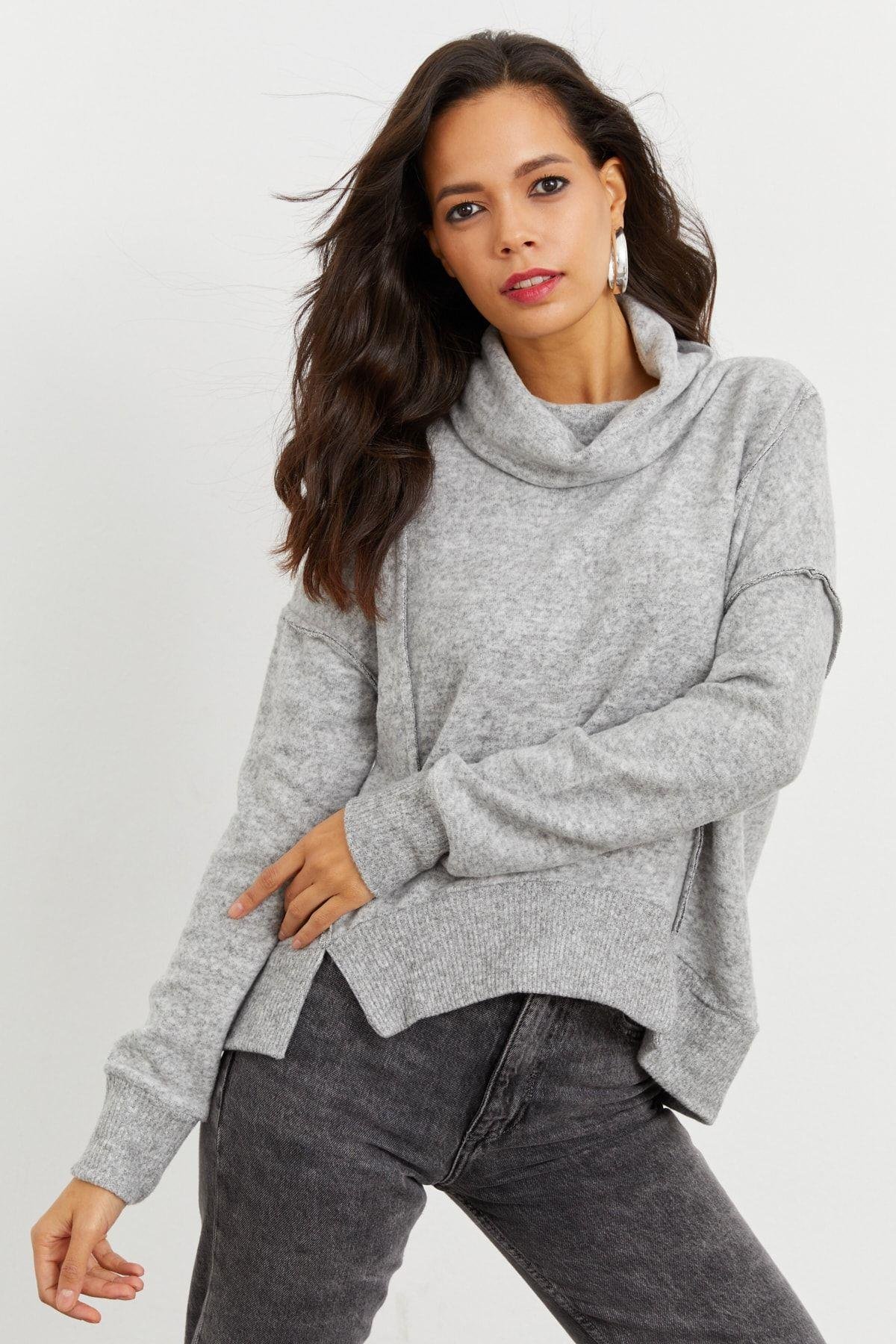Kadın Gri Yumoş Sweatshirt İZ87
