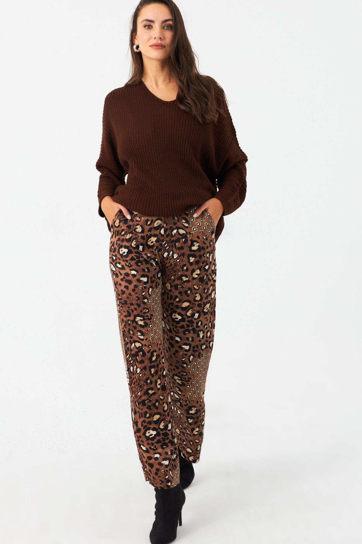Kadın Haki Batik Desenli Saten Pantolon CAR1069