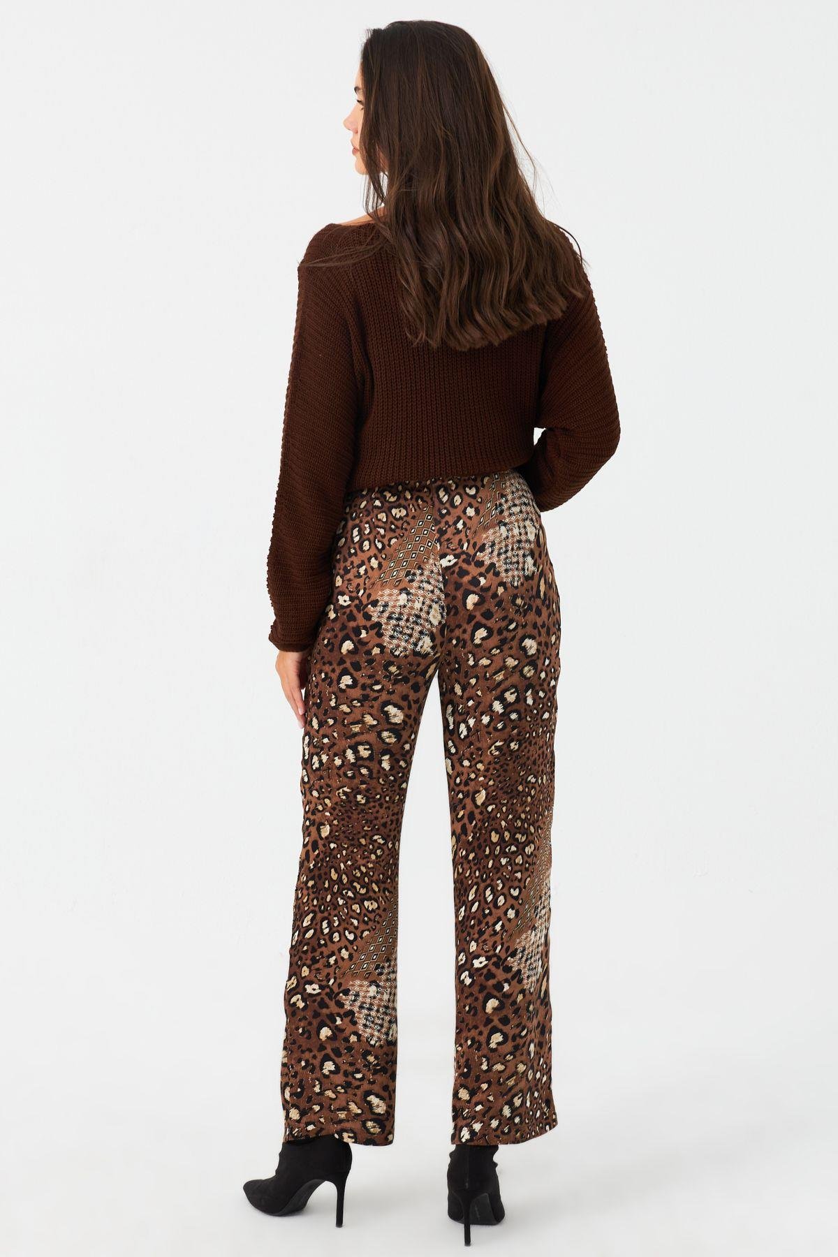 Kadın Haki Batik Desenli Saten Pantolon CAR1069
