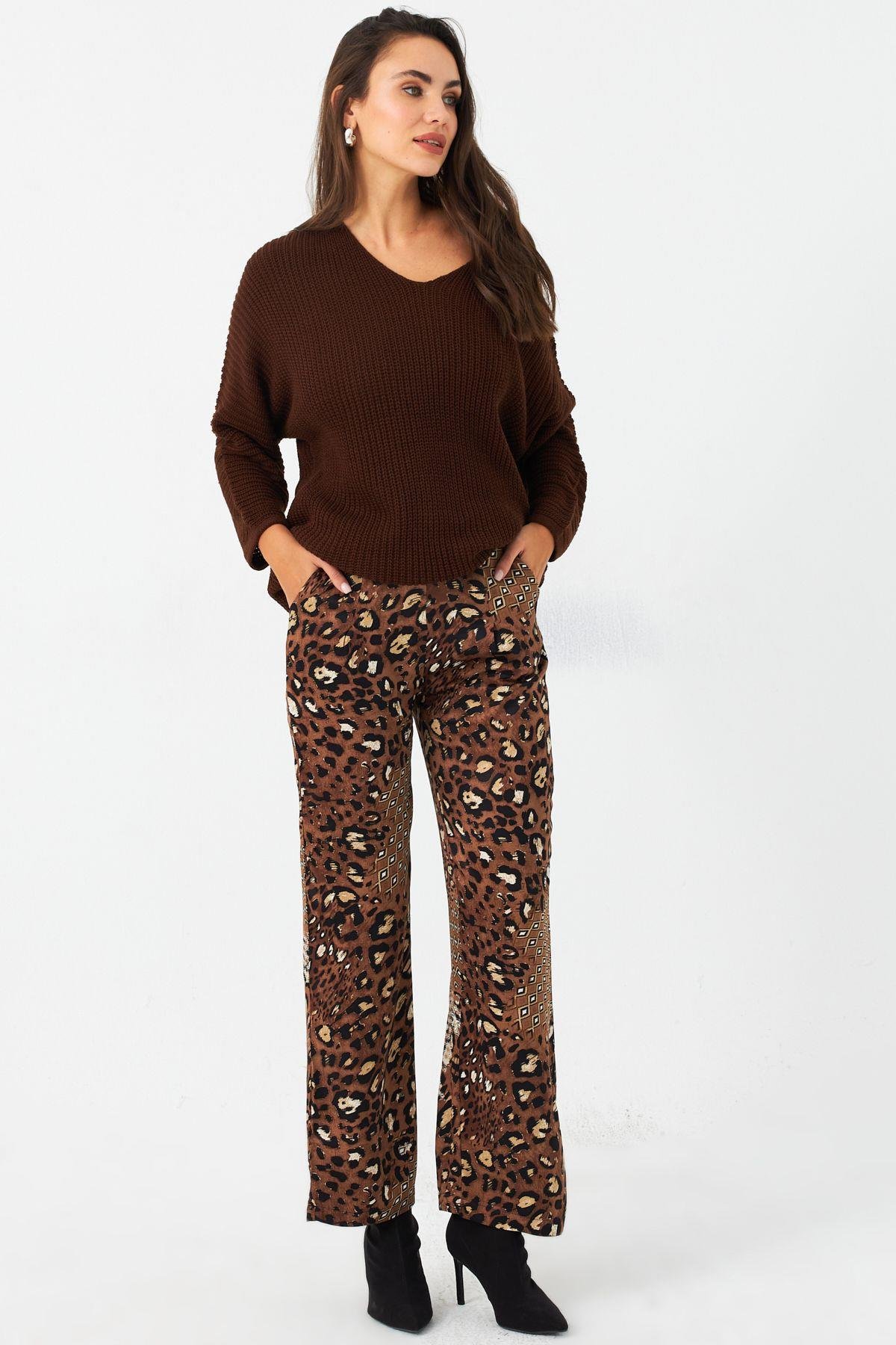 Kadın Haki Batik Desenli Saten Pantolon CAR1069
