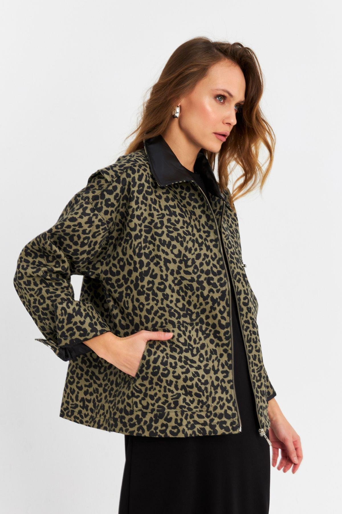 Kadın Haki Leopar Denim Ceket MELT1174