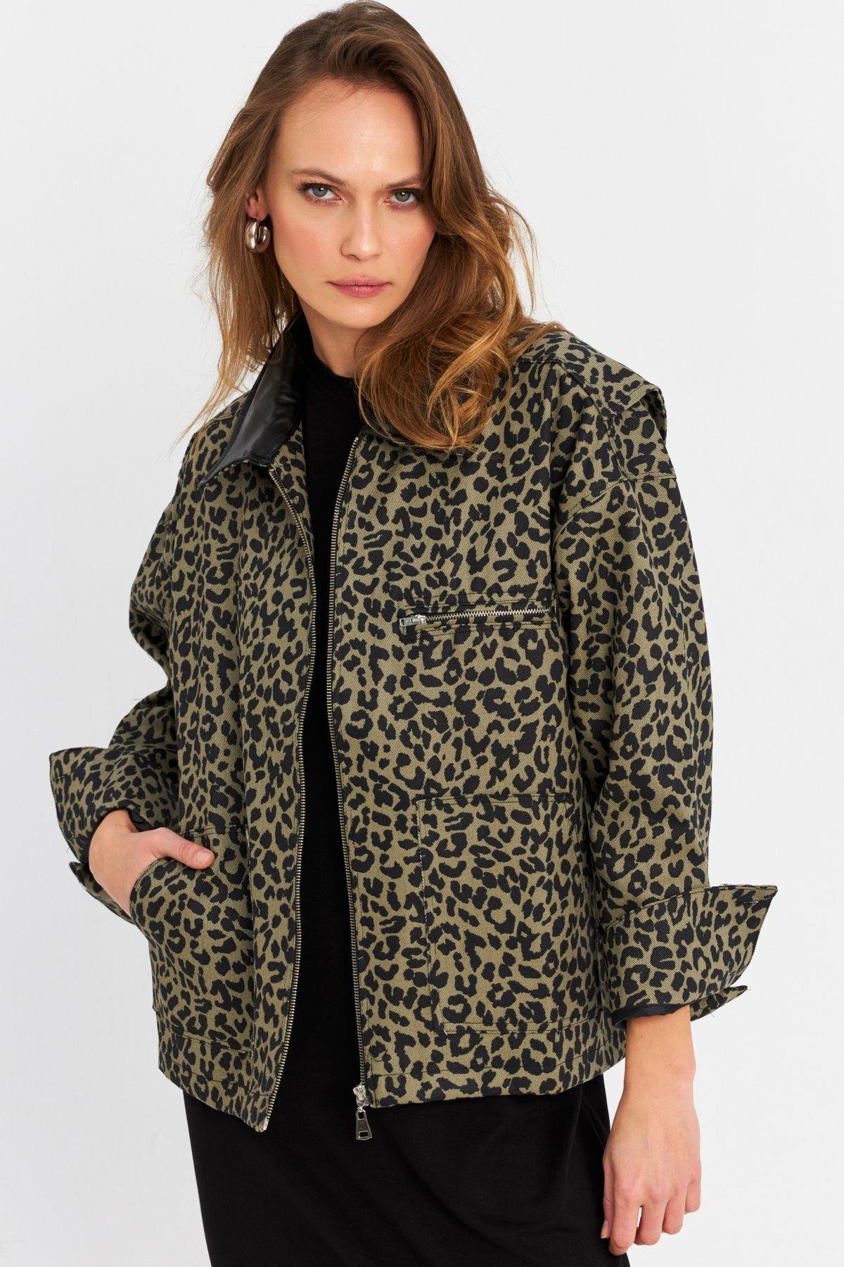 Kadın Haki Leopar Denim Ceket MELT1174
