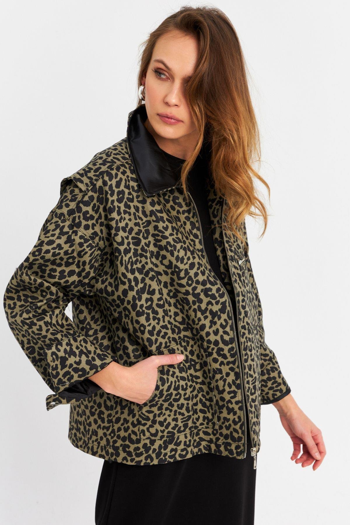 Kadın Haki Leopar Denim Ceket MELT1174
