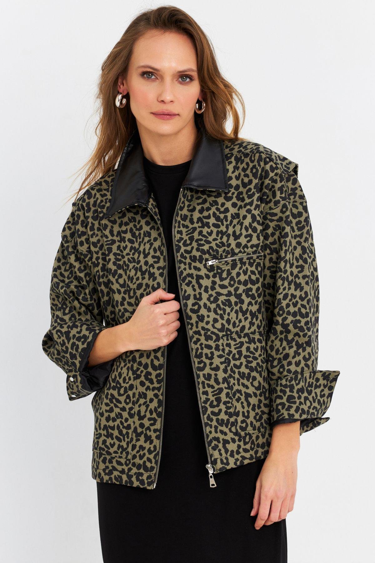 Kadın Haki Leopar Denim Ceket MELT1174