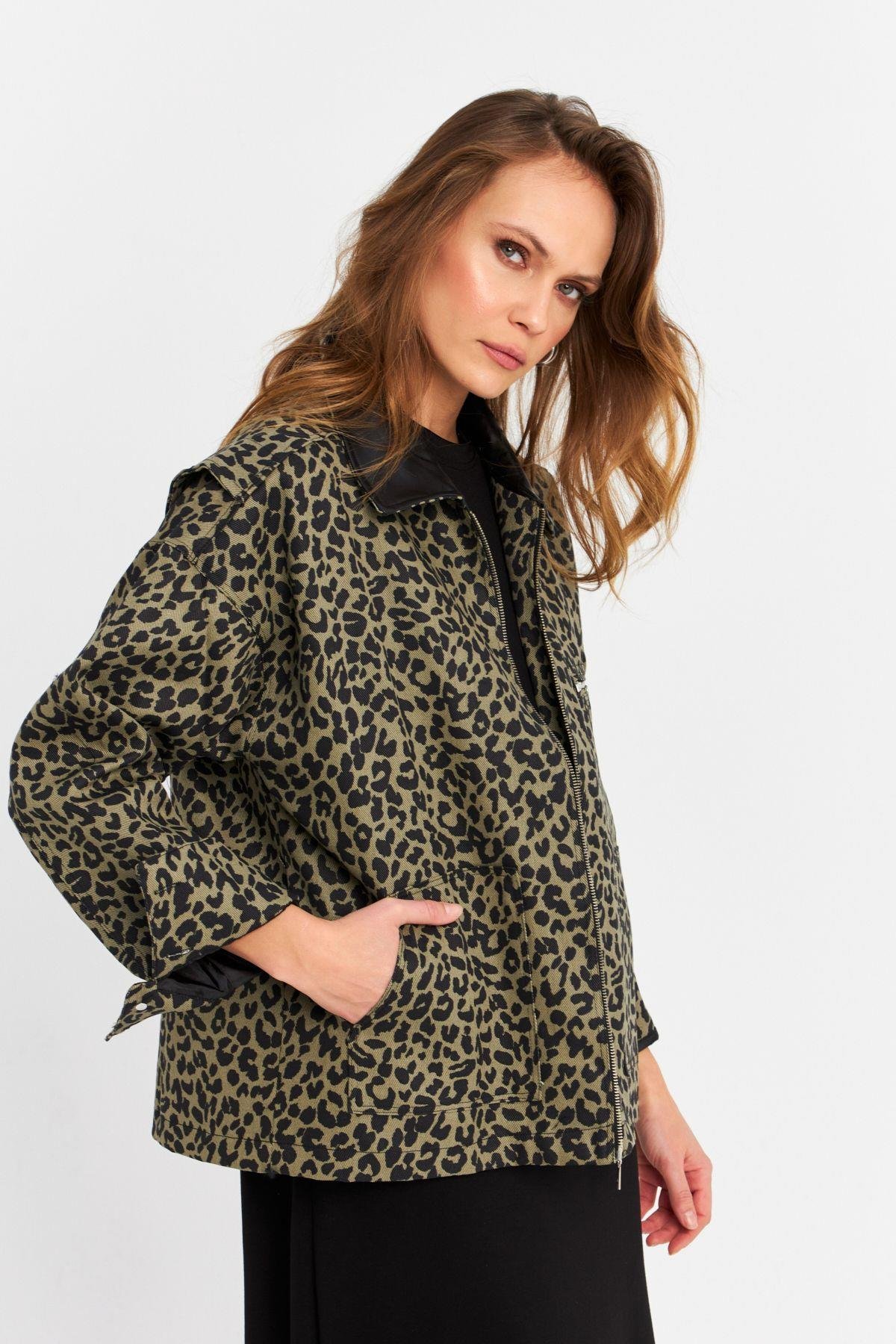 Kadın Haki Leopar Denim Ceket MELT1174