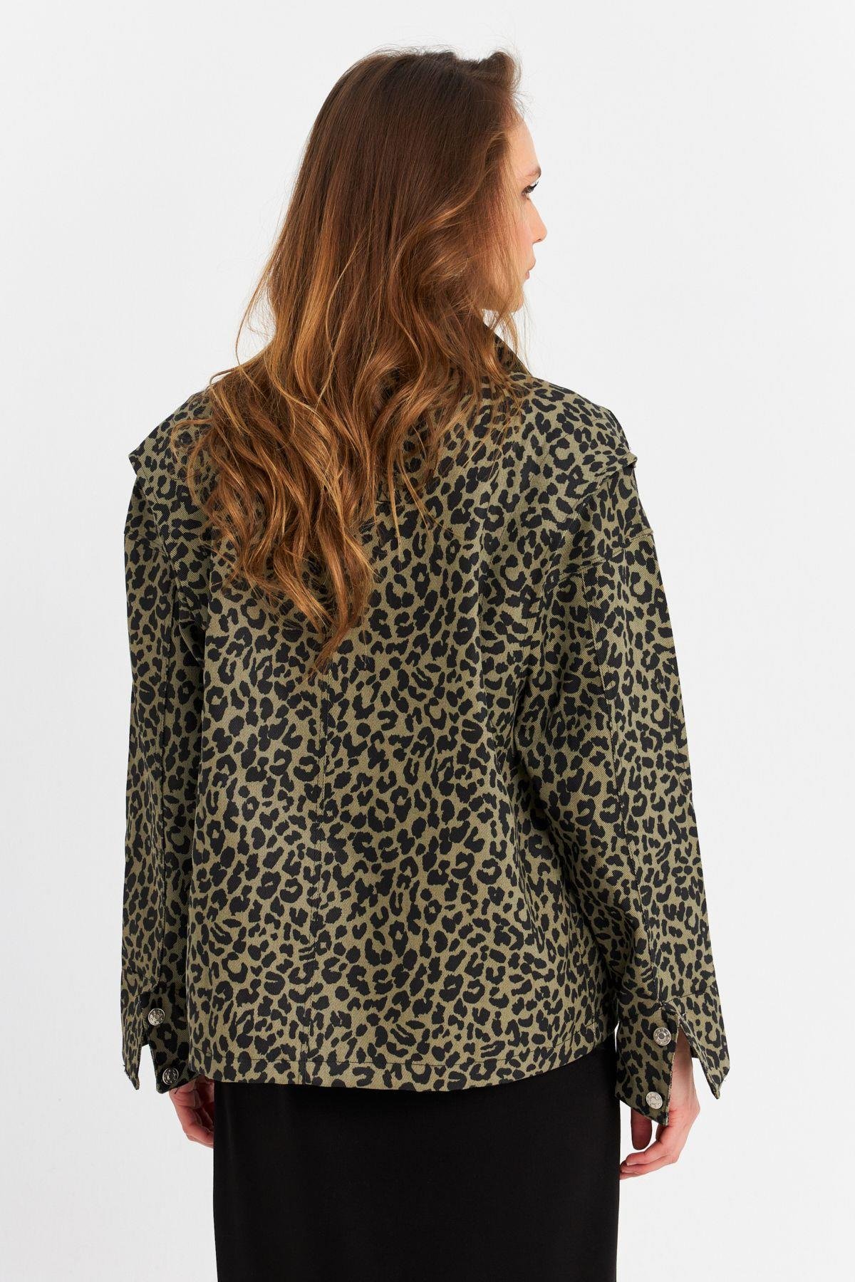 Kadın Haki Leopar Denim Ceket MELT1174