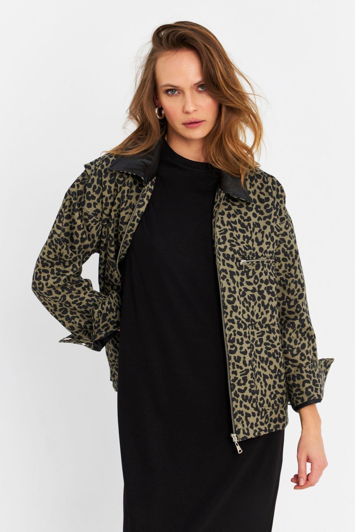 Kadın Haki Leopar Denim Ceket MELT1174