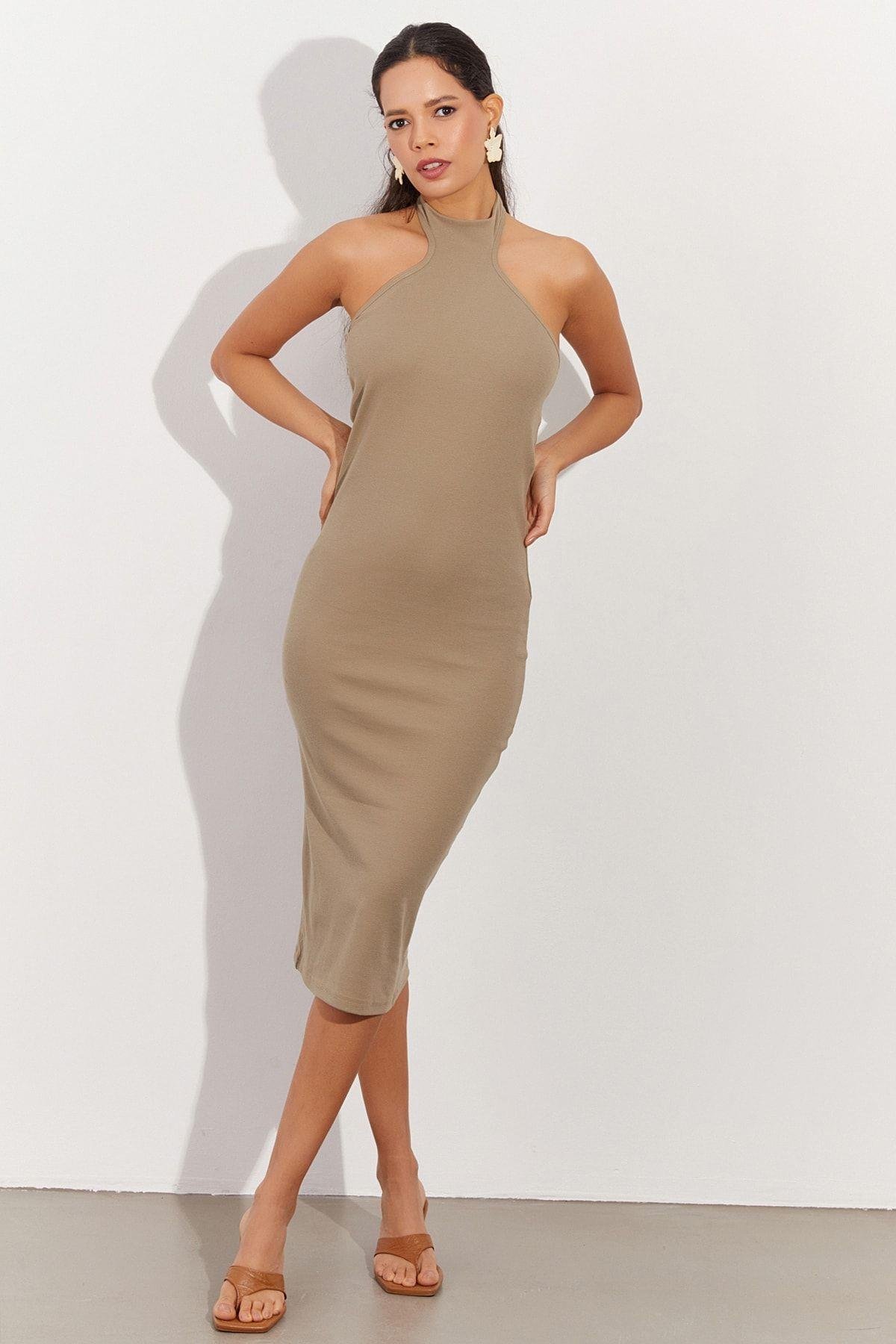 Kadın Haki Sırtı Açık Halter Midi Elbise OW138