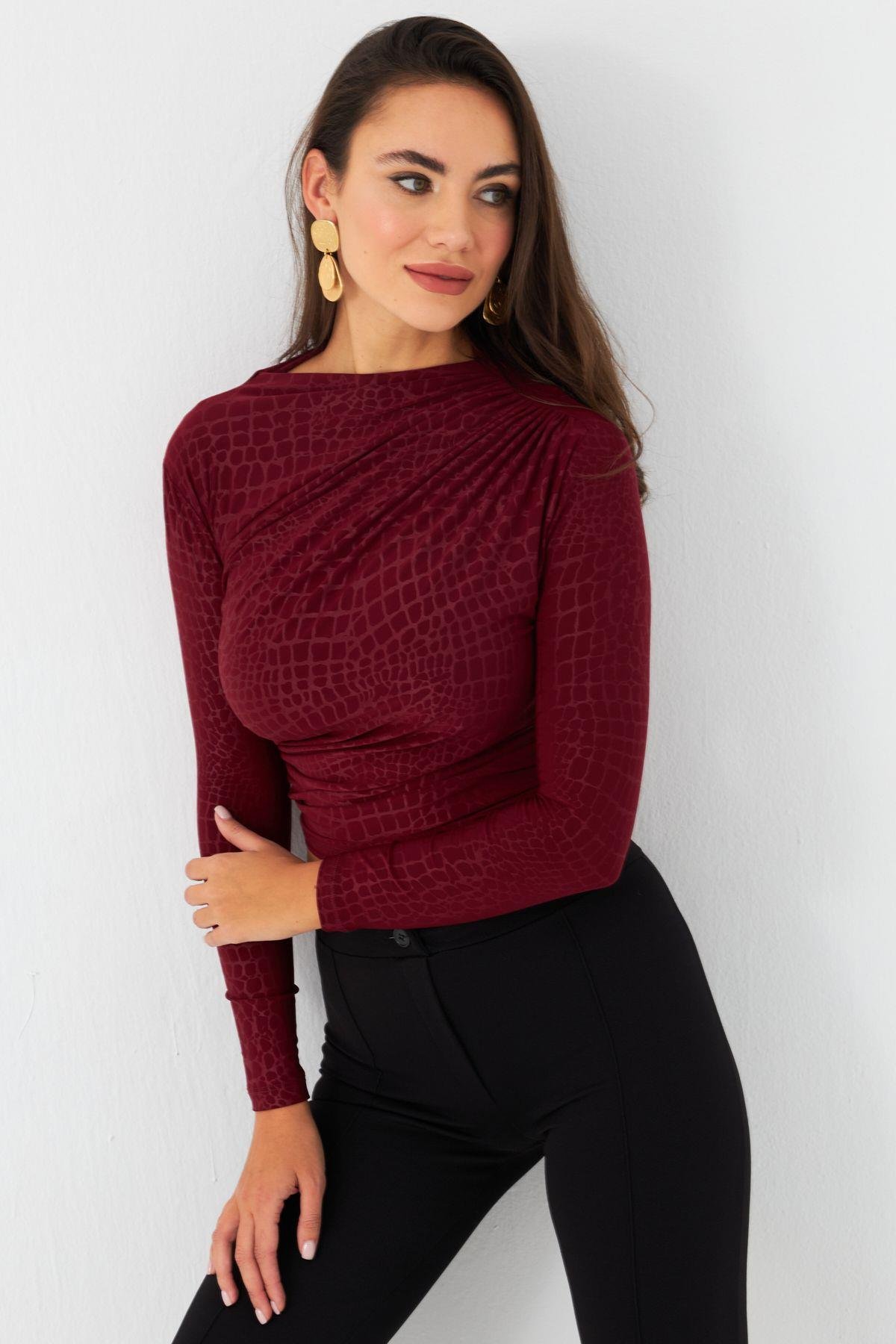 Kadın Kahve Desenli Büzgülü Bluz LPP1279