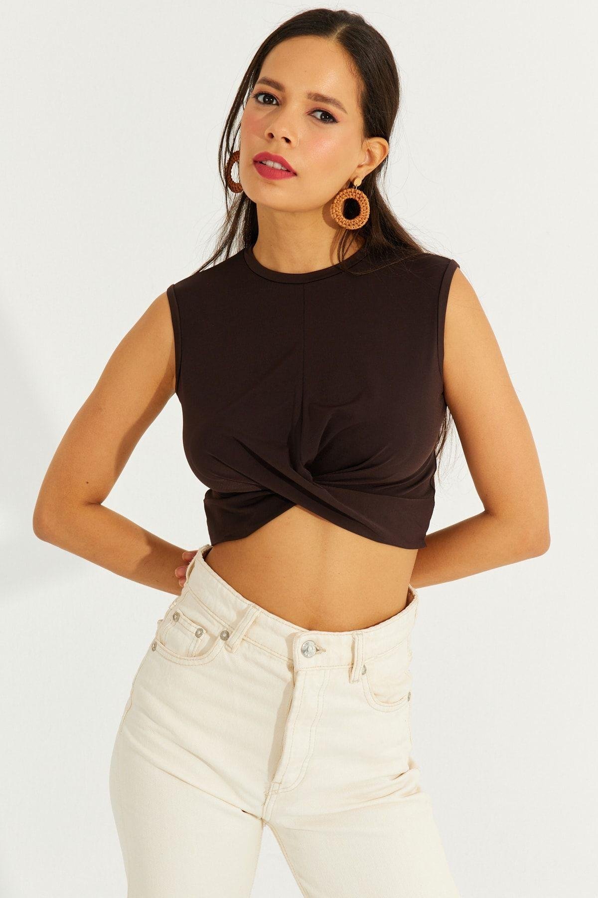 Kadın Kahve Önü Düğümlü Crop Bluz SDY2018
