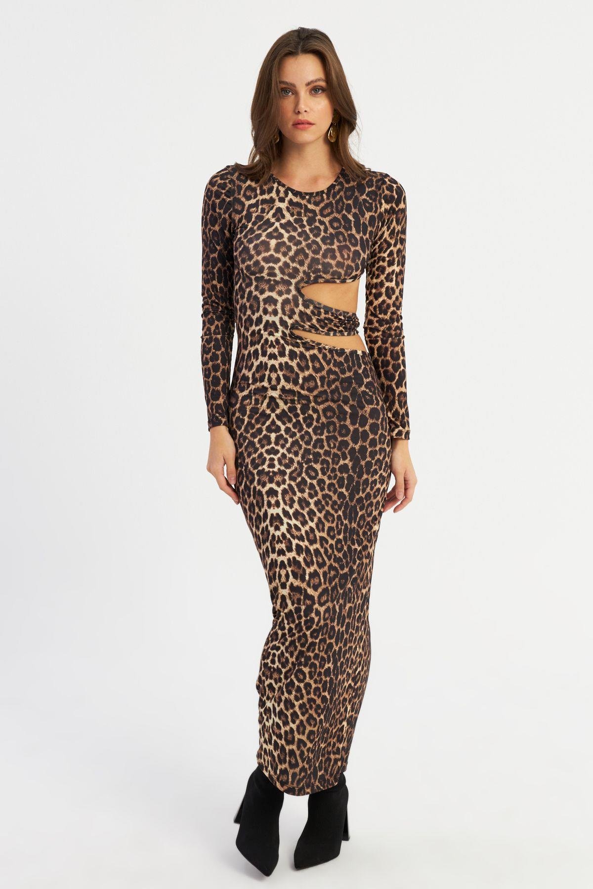 Kadın Kahverengi Dekolteli Maxi Yılbaşı Elbise LİK9