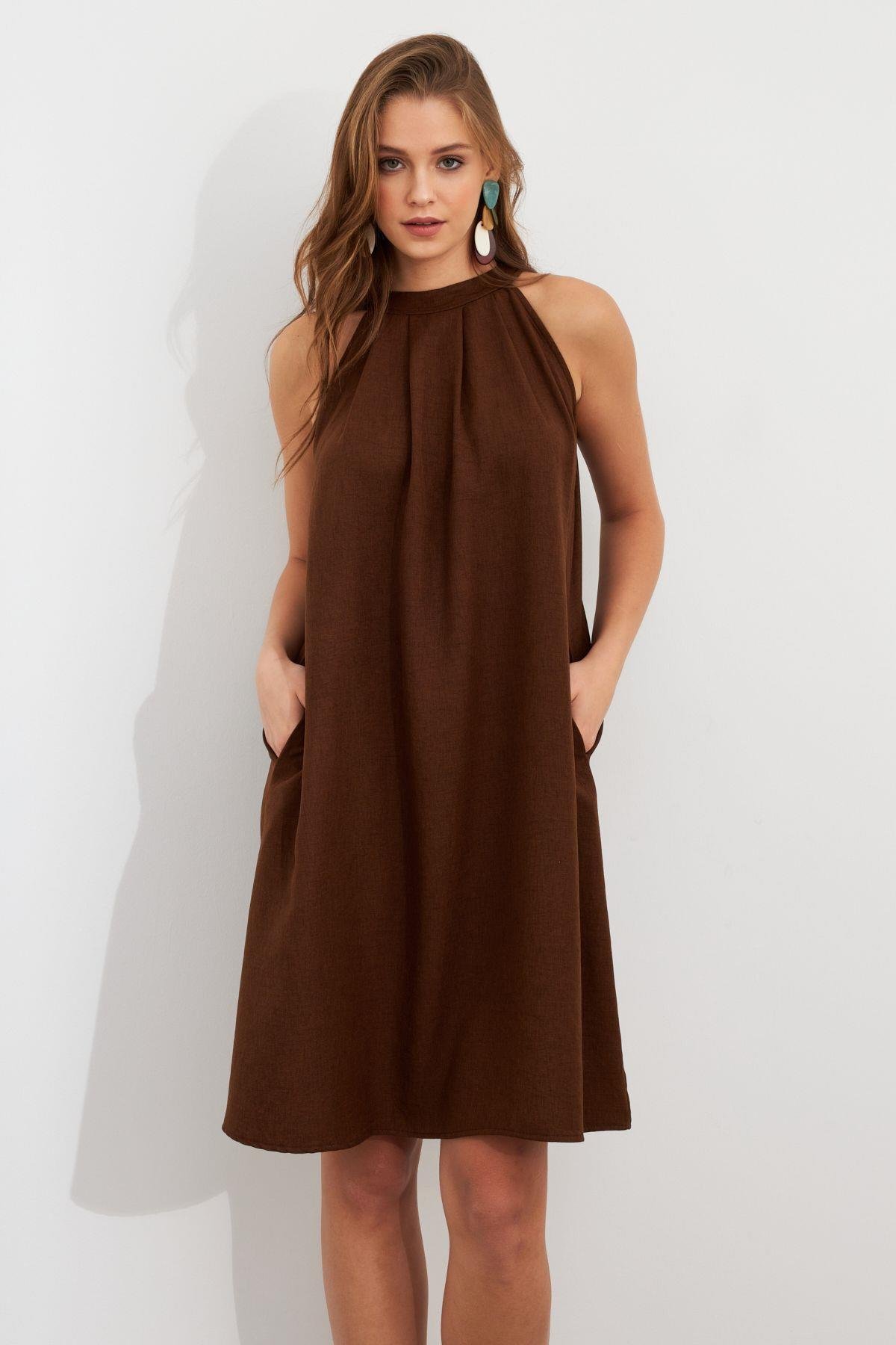 Kadın Kahverengi Halter Yaka Midi Elbise NH5029