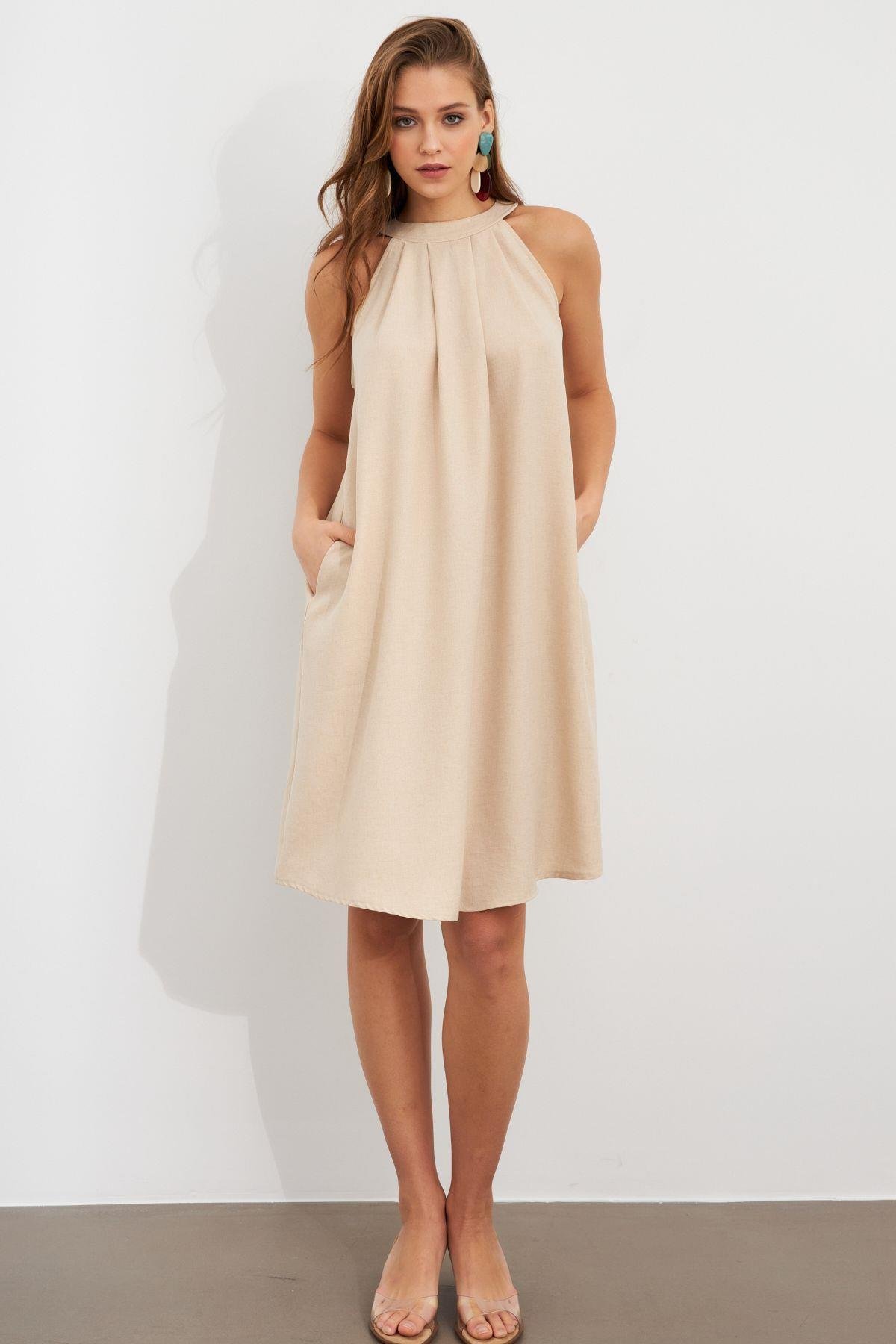Kadın Kahverengi Halter Yaka Midi Elbise NH5029