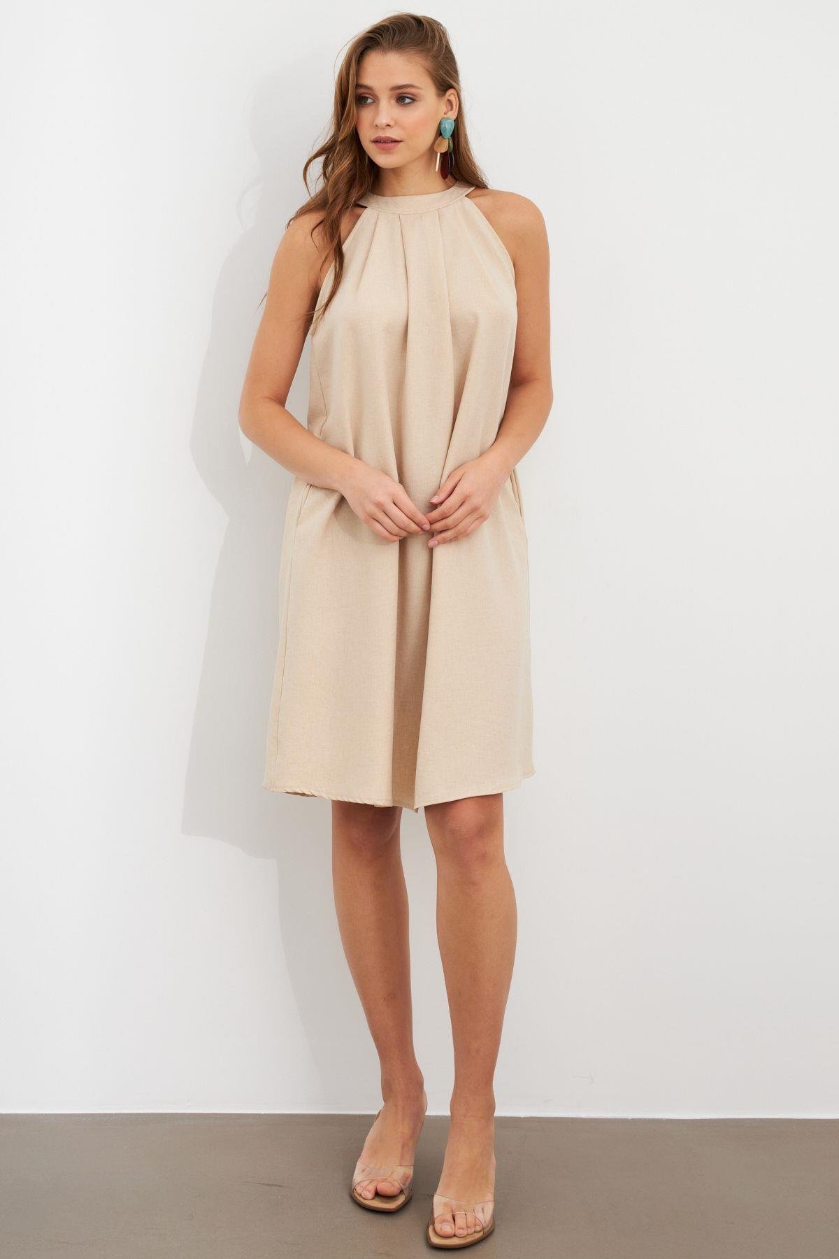 Kadın Kahverengi Halter Yaka Midi Elbise NH5029
