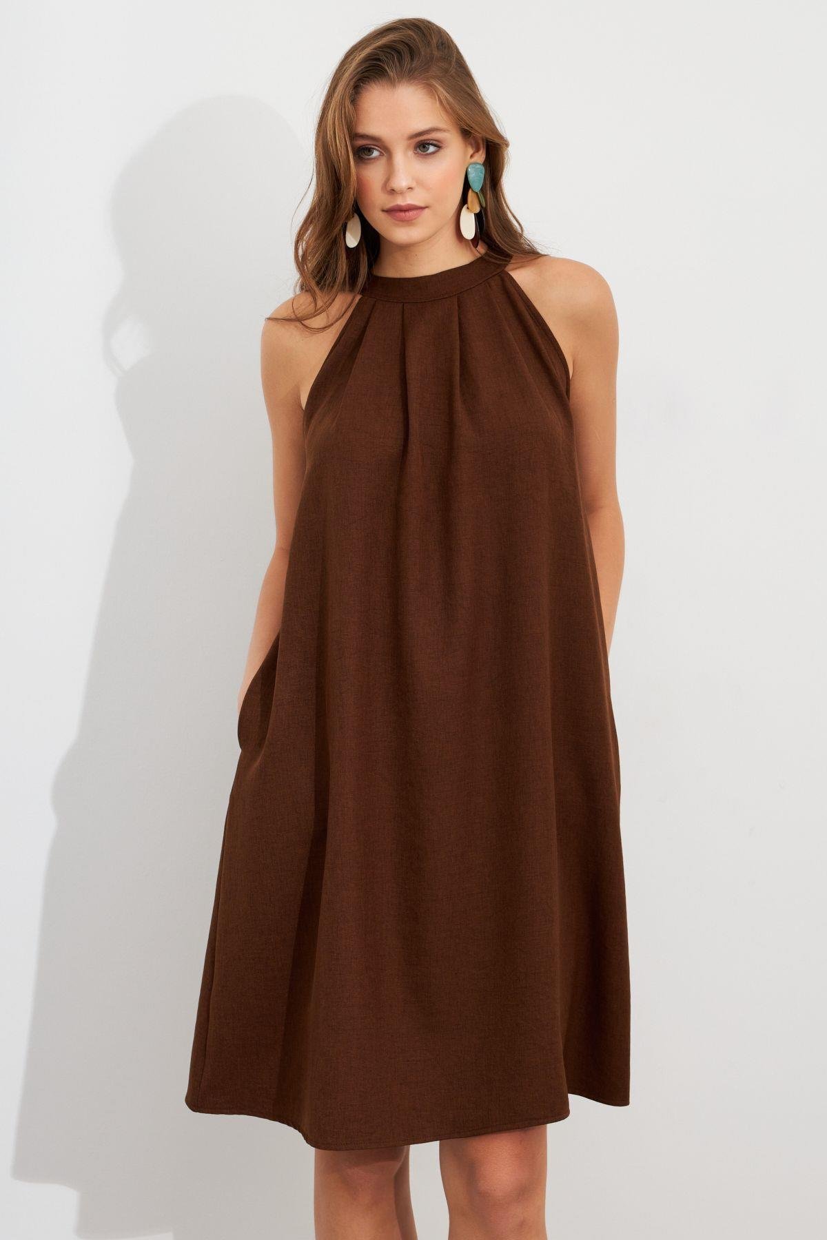 Kadın Kahverengi Halter Yaka Midi Elbise NH5029