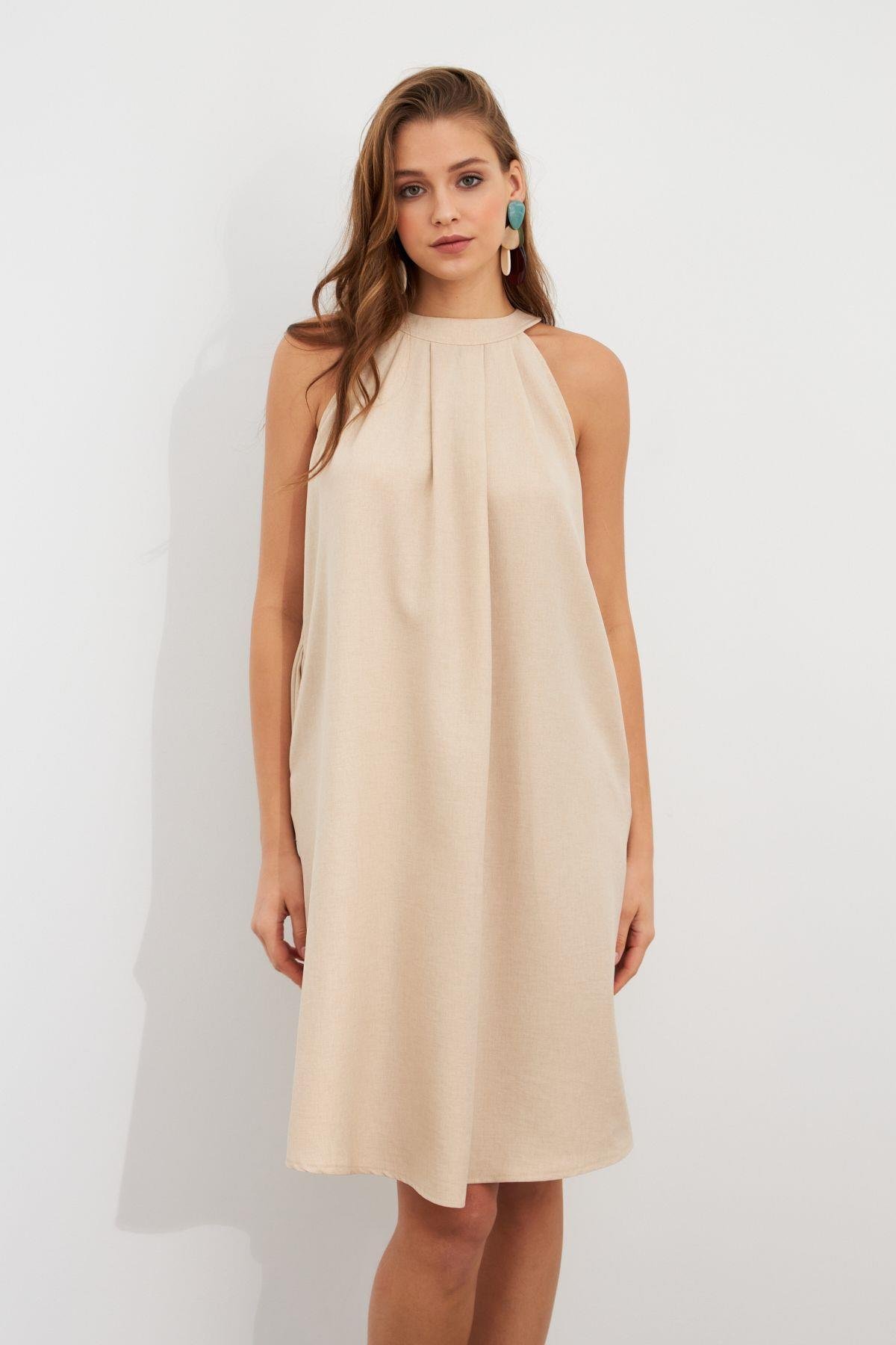 Kadın Kahverengi Halter Yaka Midi Elbise NH5029