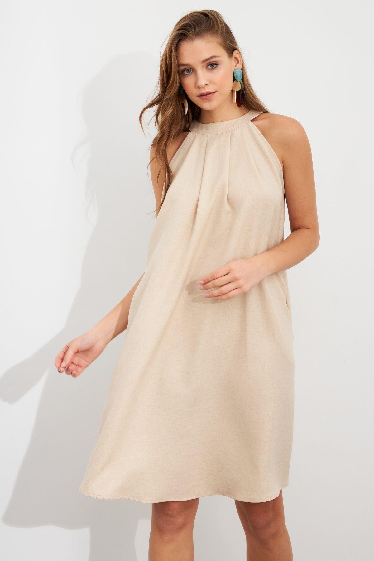 Kadın Kahverengi Halter Yaka Midi Elbise NH5029