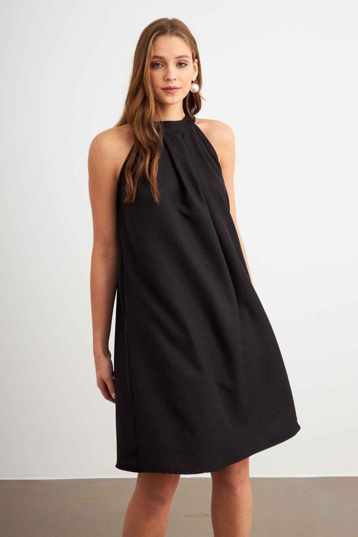 Kadın Kahverengi Halter Yaka Midi Elbise NH5029
