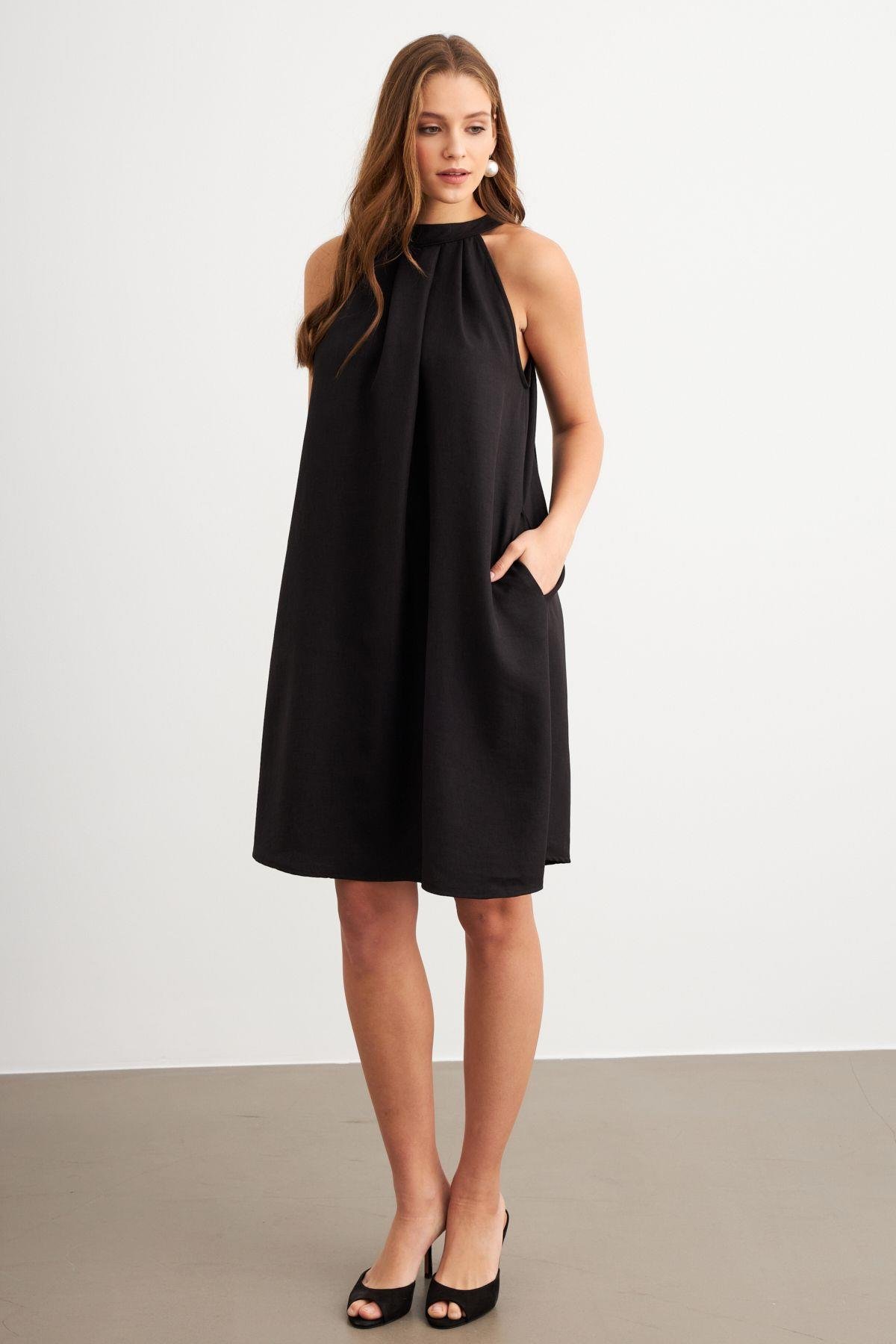 Kadın Kahverengi Halter Yaka Midi Elbise NH5029