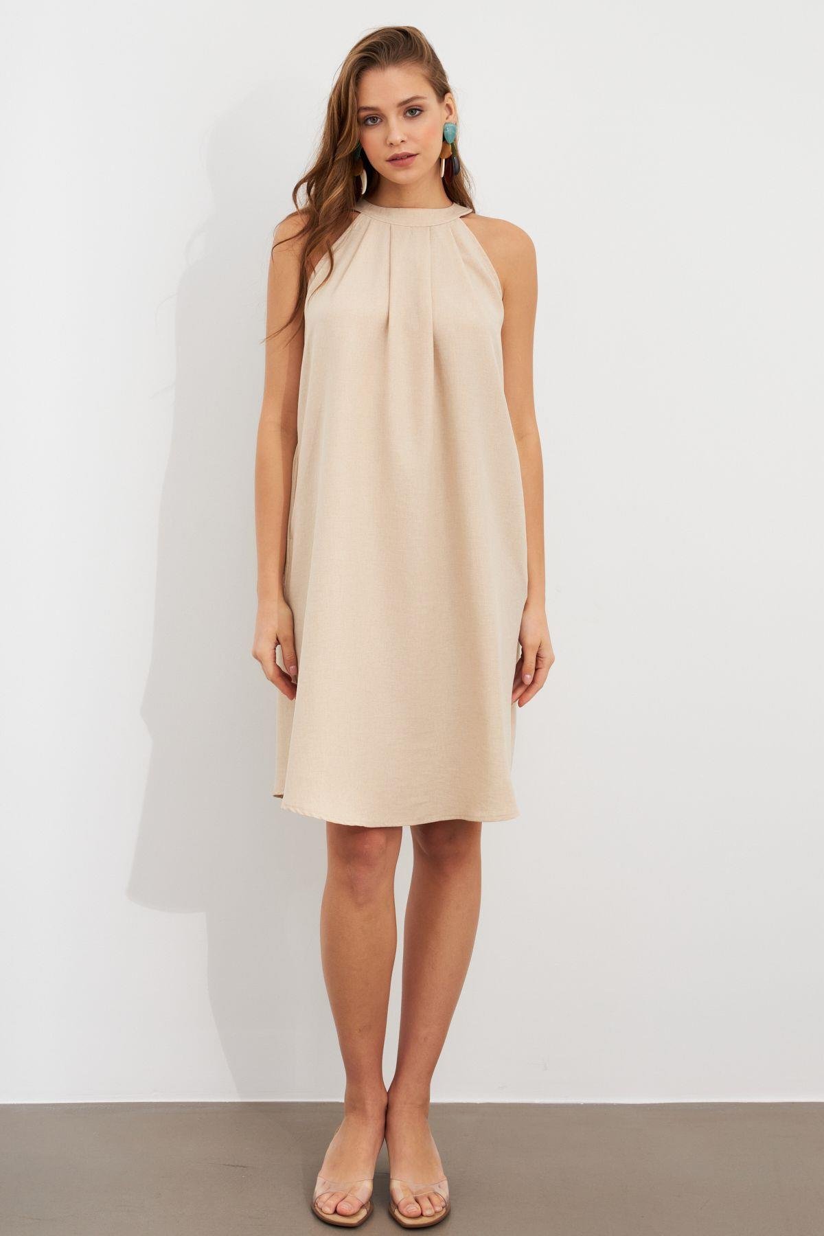 Kadın Kahverengi Halter Yaka Midi Elbise NH5029