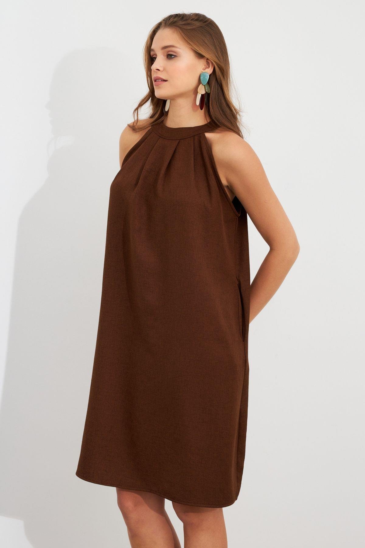 Kadın Kahverengi Halter Yaka Midi Elbise NH5029