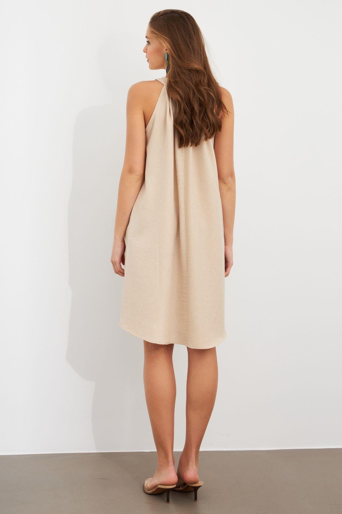 Kadın Kahverengi Halter Yaka Midi Elbise NH5029