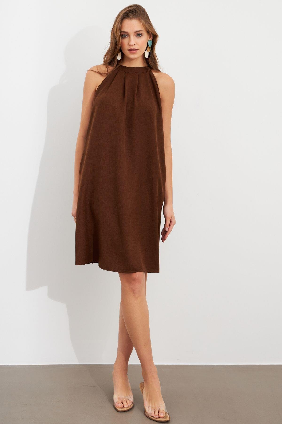 Kadın Kahverengi Halter Yaka Midi Elbise NH5029